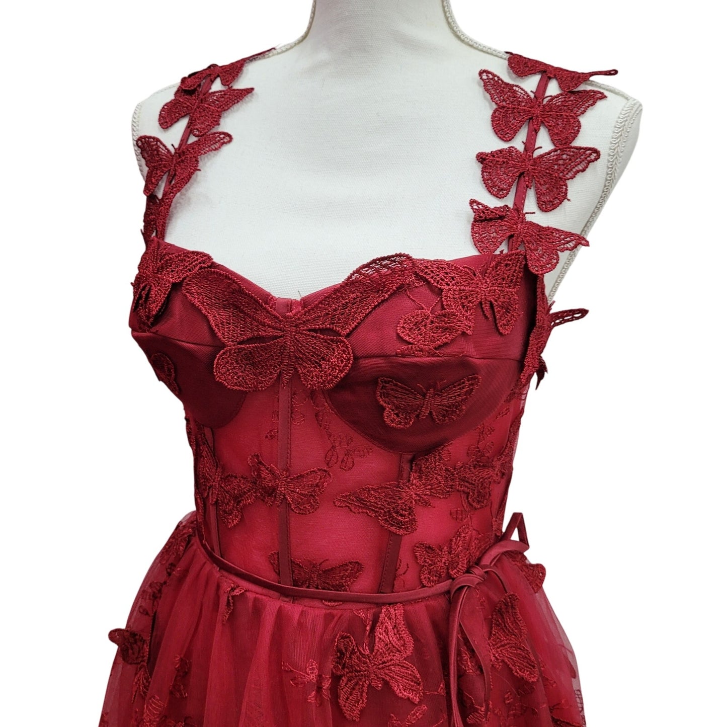 Women's Crimson Red Butterfly Dress with Corset Back