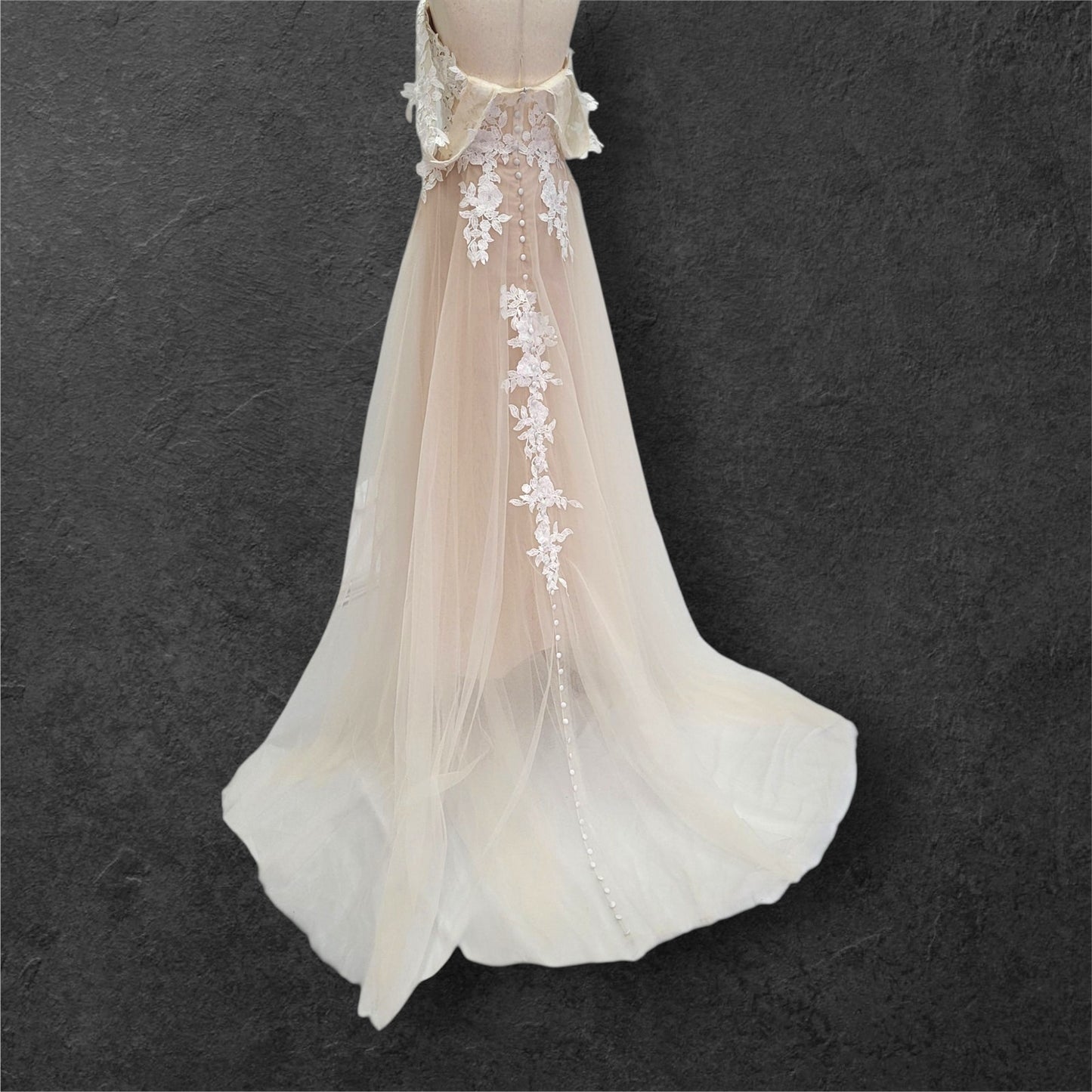 Beige Champagne Wedding Dress with White Floral Appliques