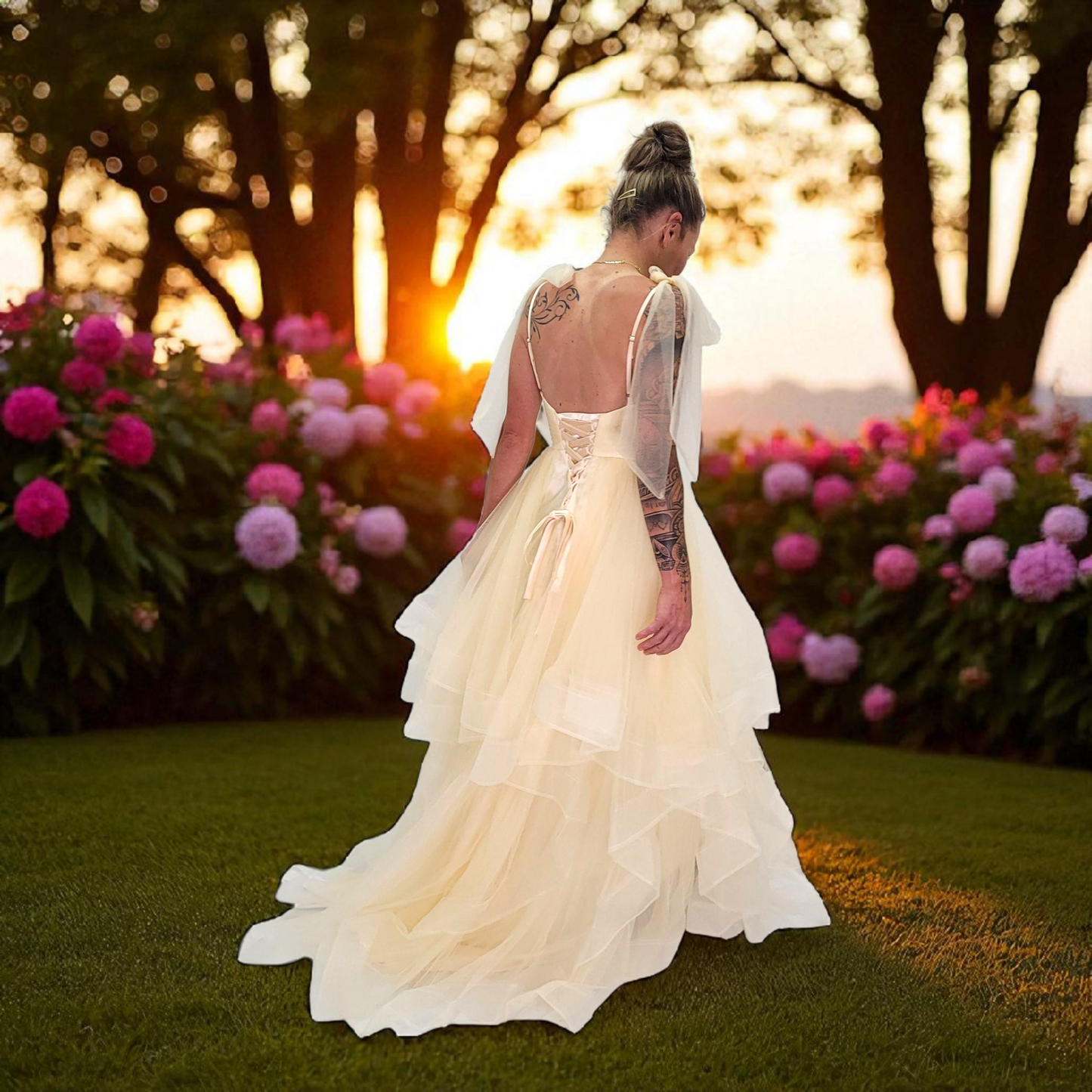 Champagne Tulle Ballgown Wedding Dress with Multi-Layered Skirt