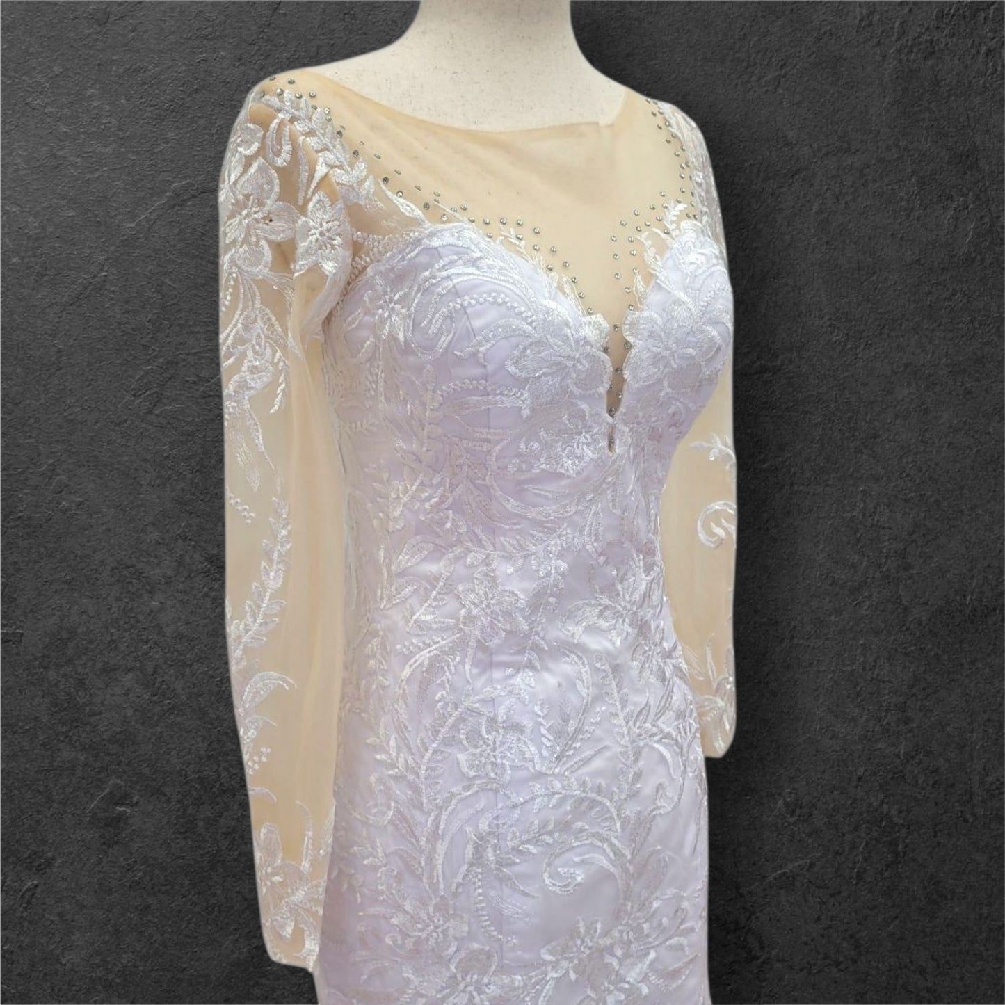 Fitted V Neck Wedding Dress with Long Mesh Sleeves with Lace