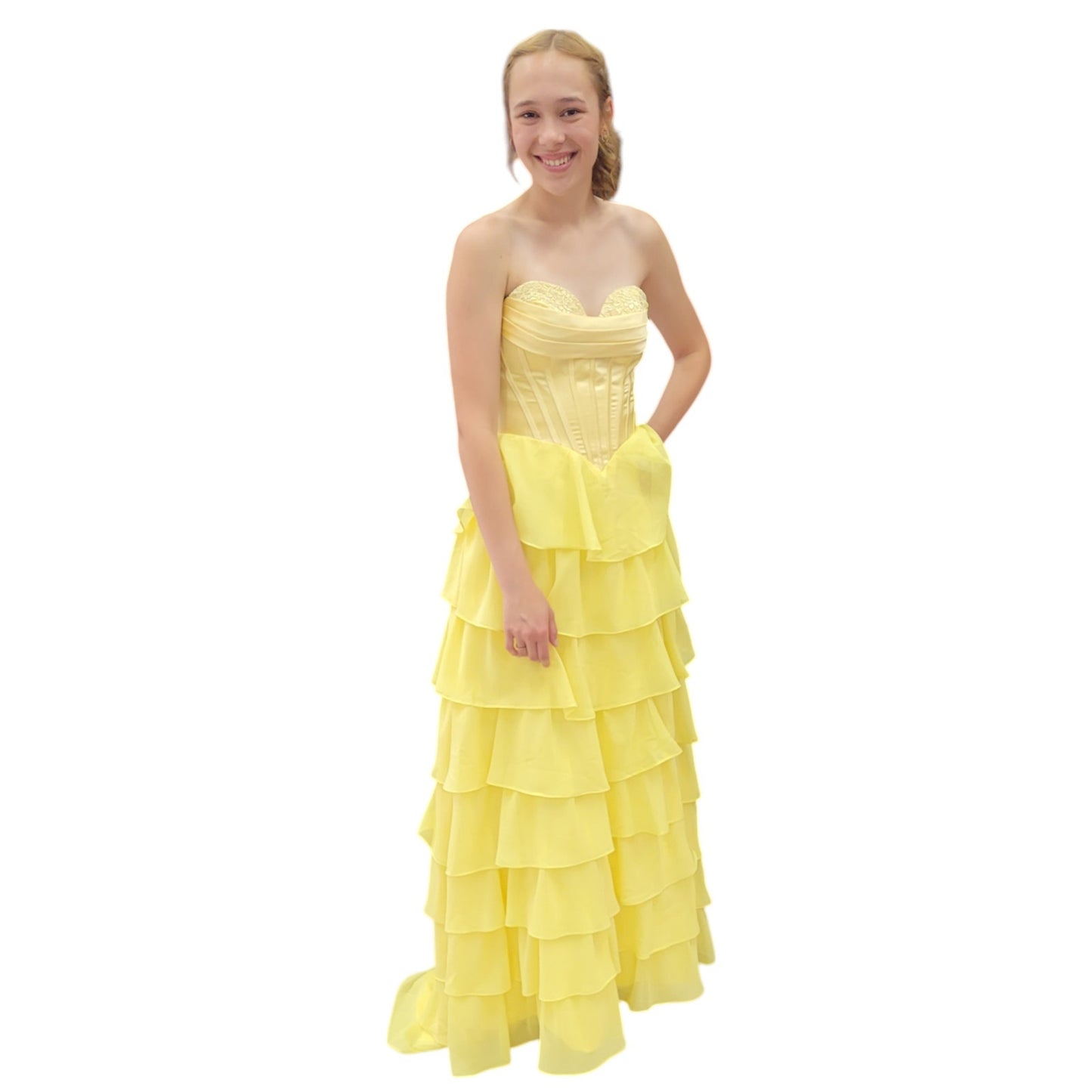 Tiered Strapless Gown with Basque Waist and Corset Back