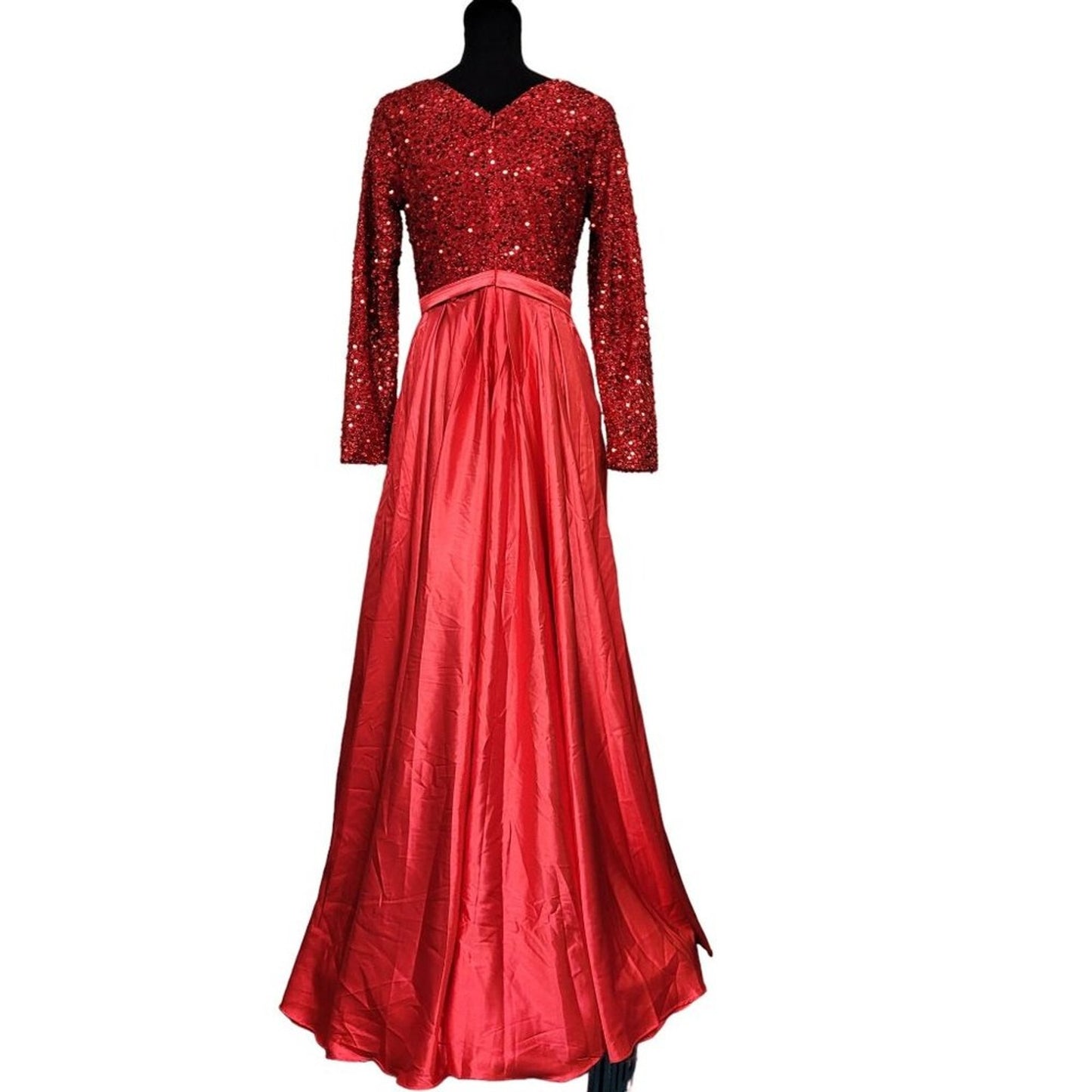 Bright Red Gala Gown with Sequin Bodice and Long Sleeves