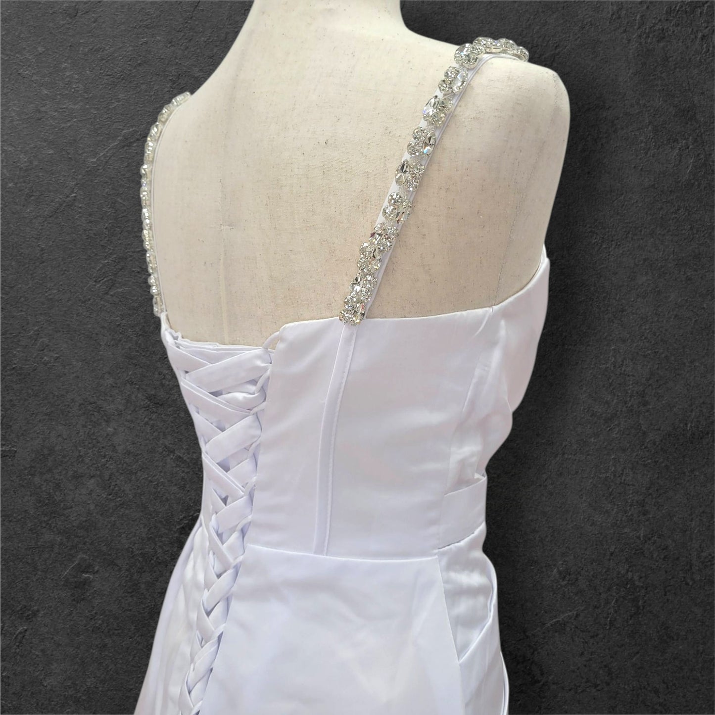 Fitted Satin White Gown with Large Jeweled Straps and Bodice Design