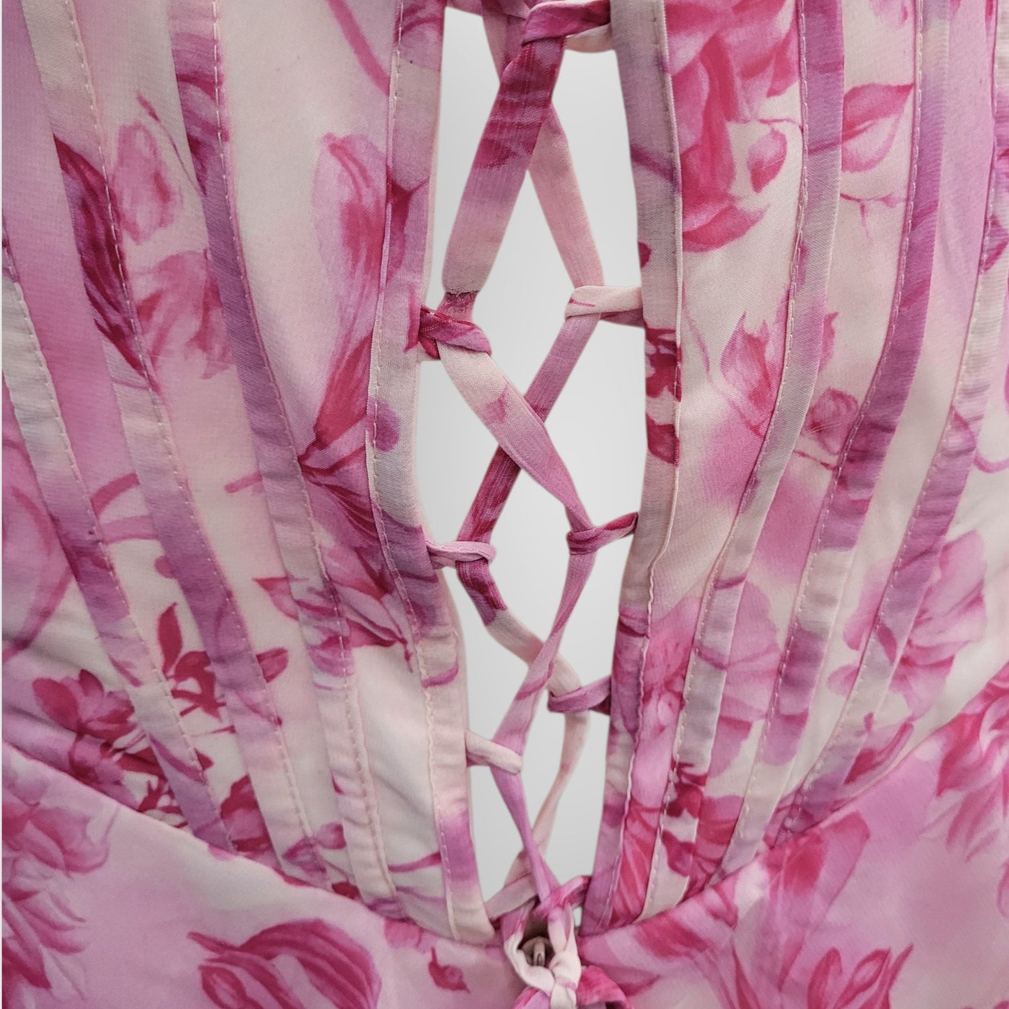 Strapless Pink Floral Tiered Dress with Corset Back
