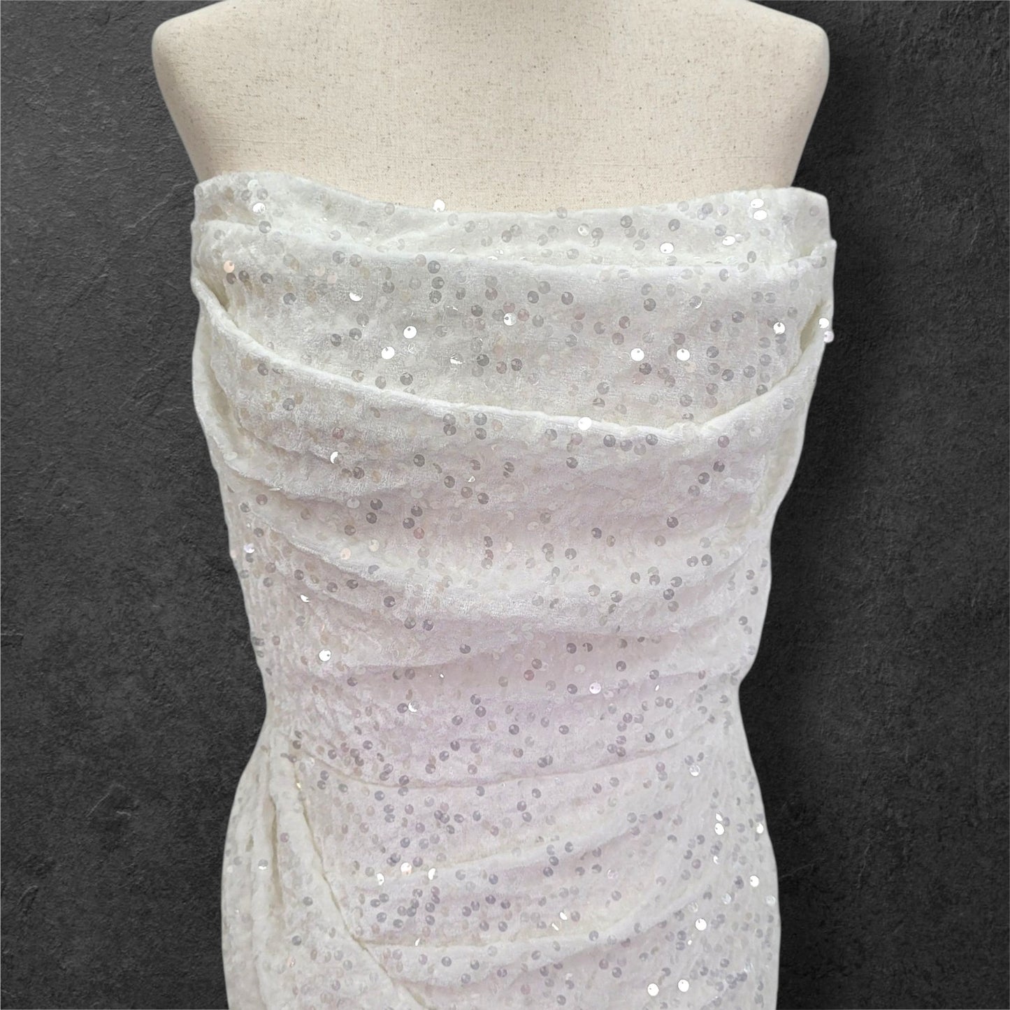 Strapless White Sequin Gown with Corset Back and Leg Slit