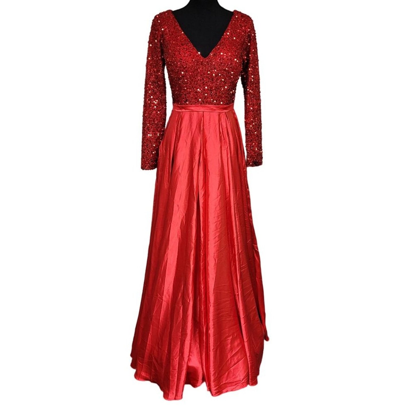 Bright Red Gala Gown with Sequin Bodice and Long Sleeves