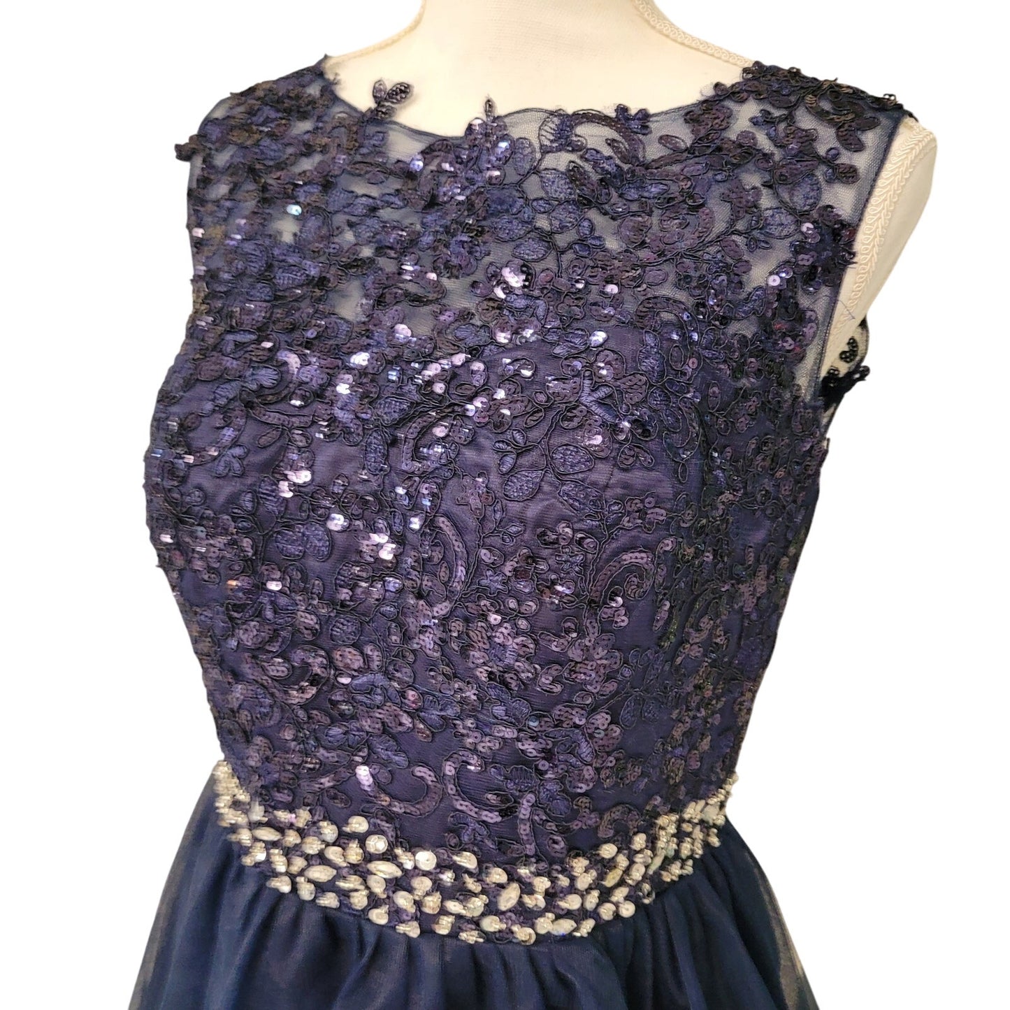 Women's Navy Short Dress Embroidered Bodice Keyhole Back