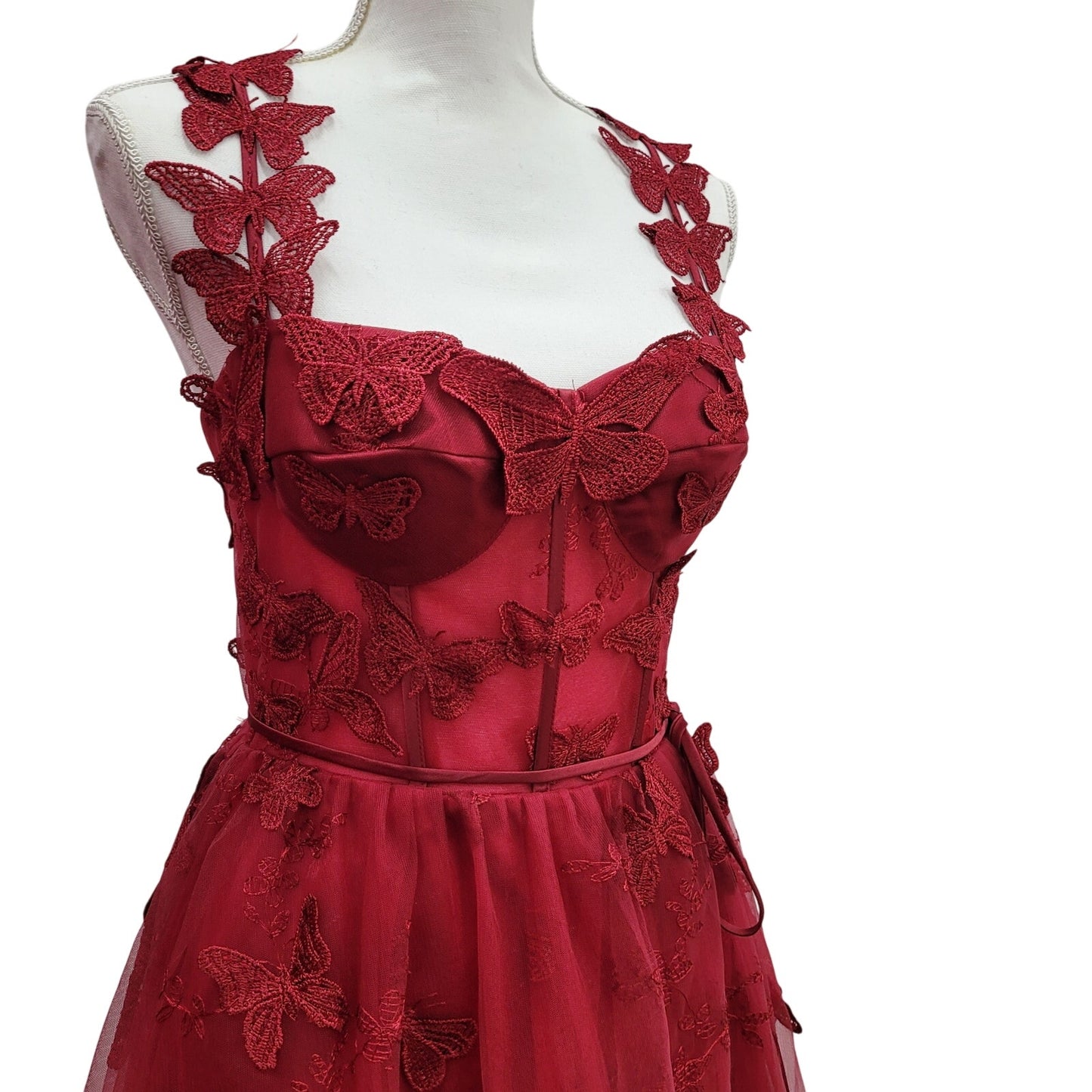 Women's Crimson Red Butterfly Dress with Corset Back