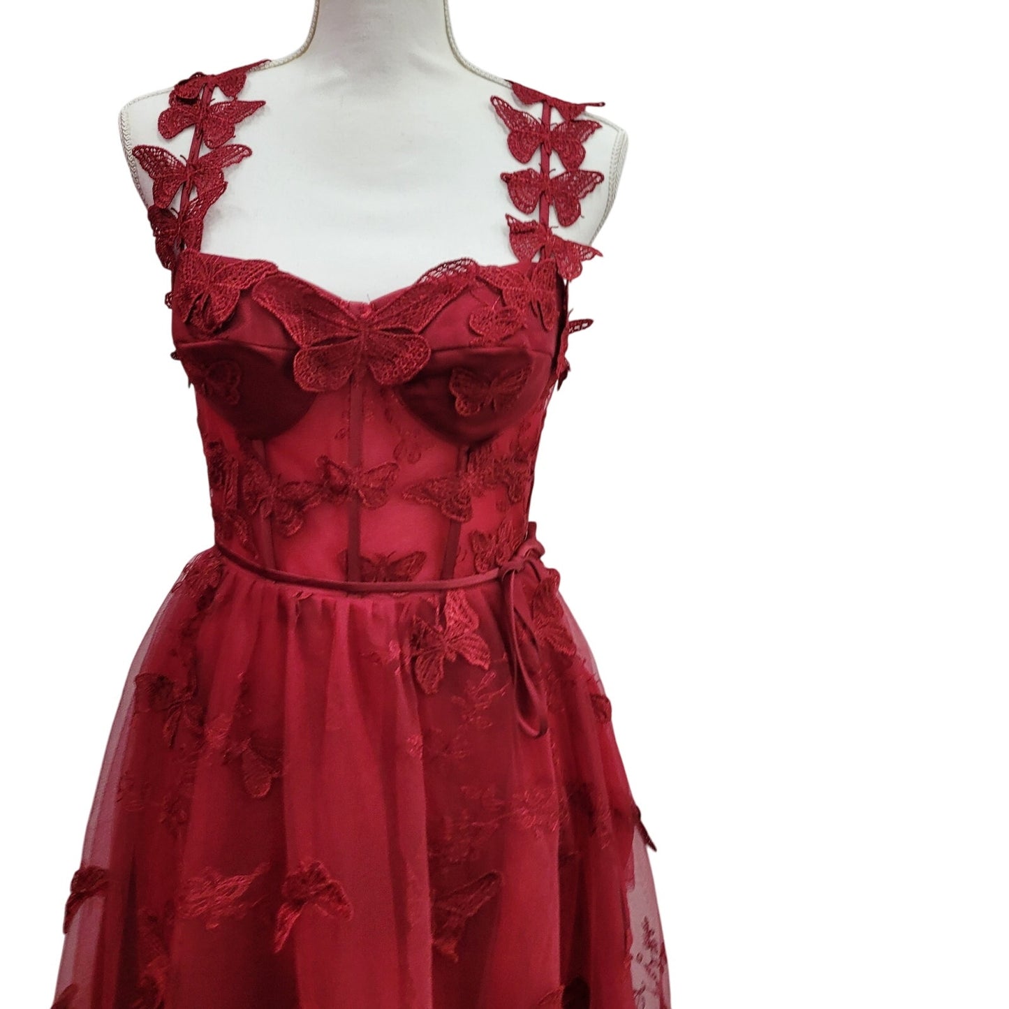 Women's Crimson Red Butterfly Dress with Corset Back