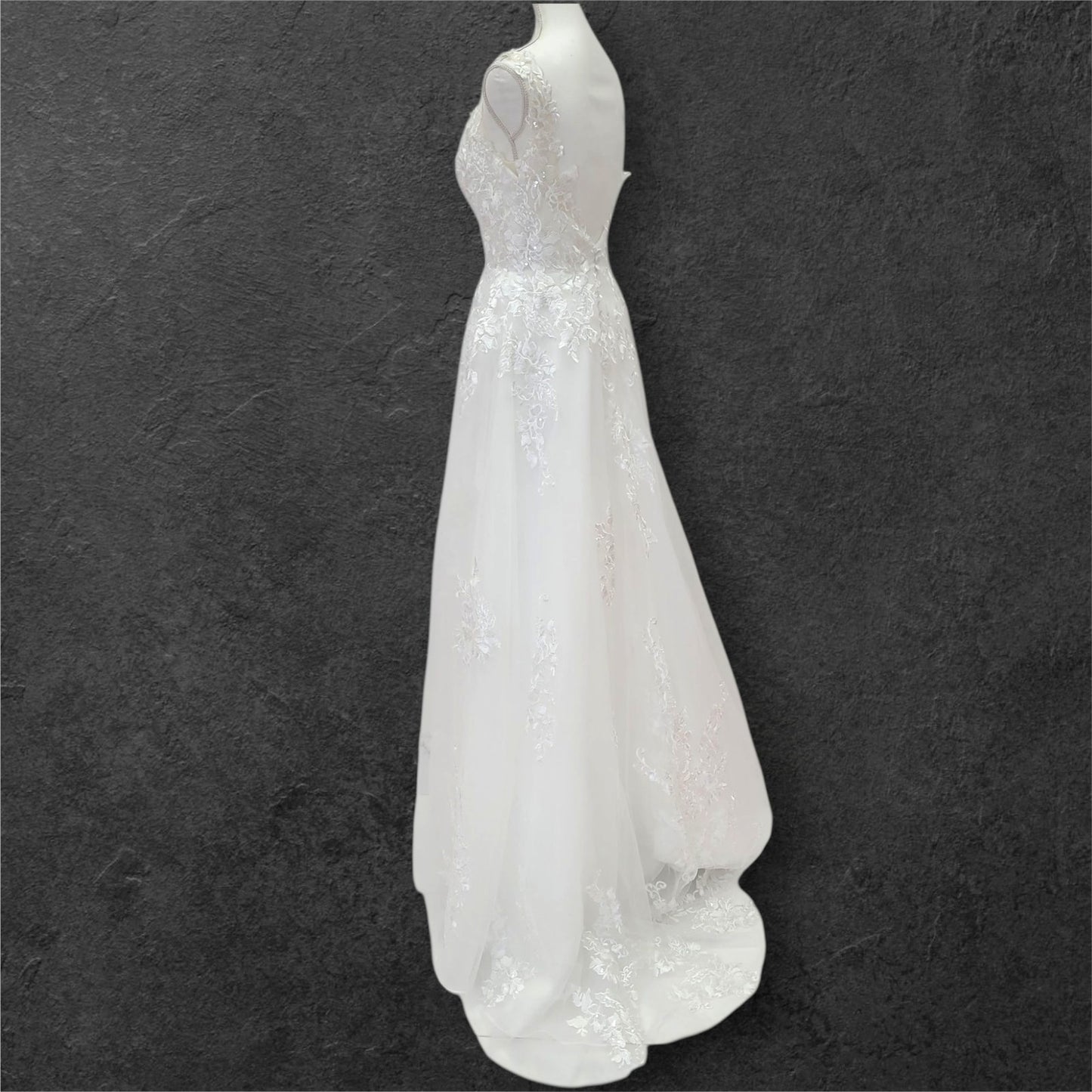 Detailed Low Back Wedding Dress with Train and Plunge V Neck