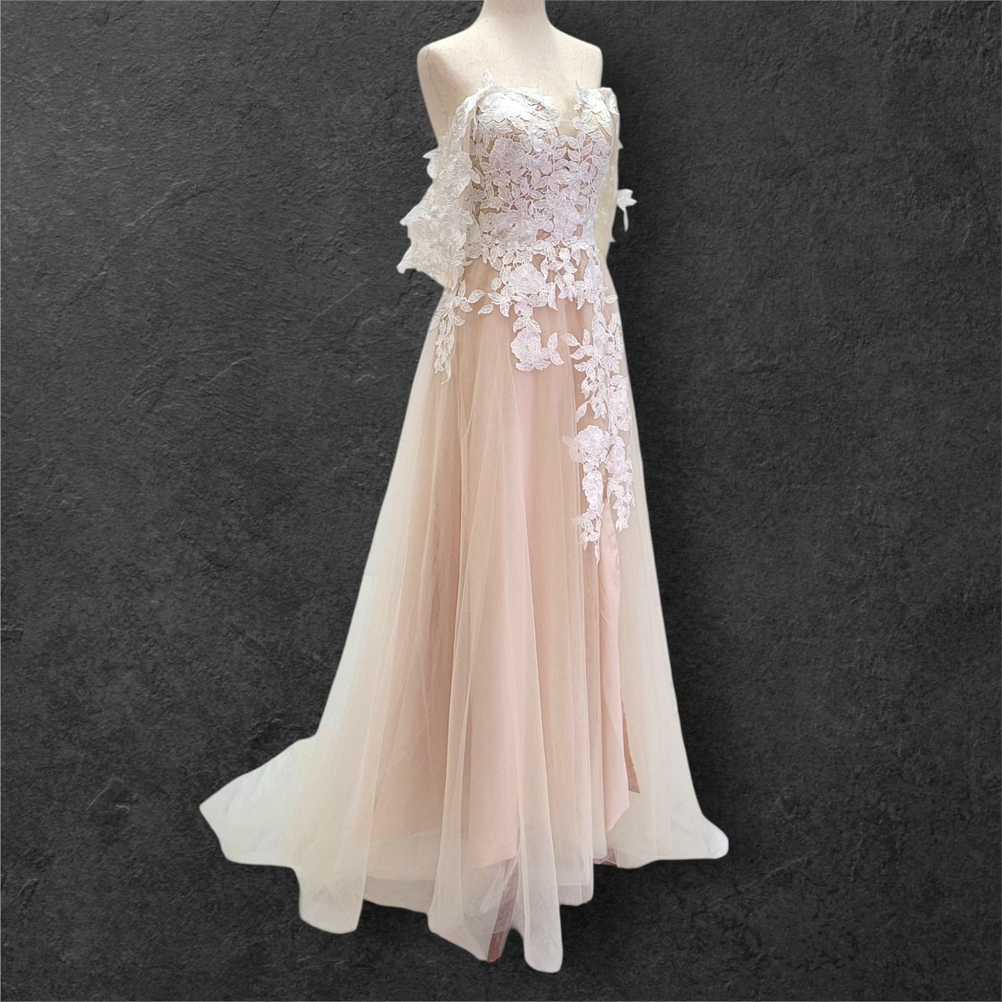 Beige Champagne Wedding Dress with White Floral Appliques