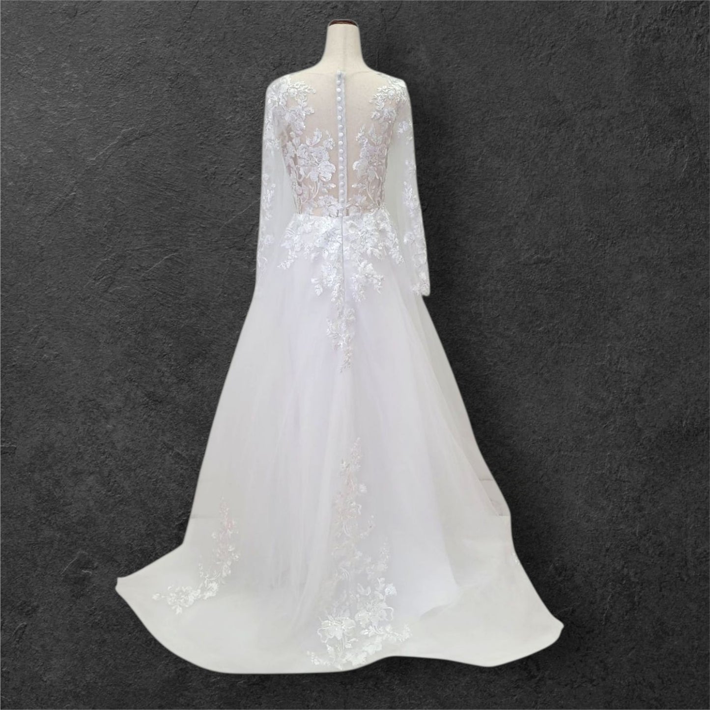 A Line Wedding Gown with Fitted Mesh Long Sleeves and Train with Floral Appliques