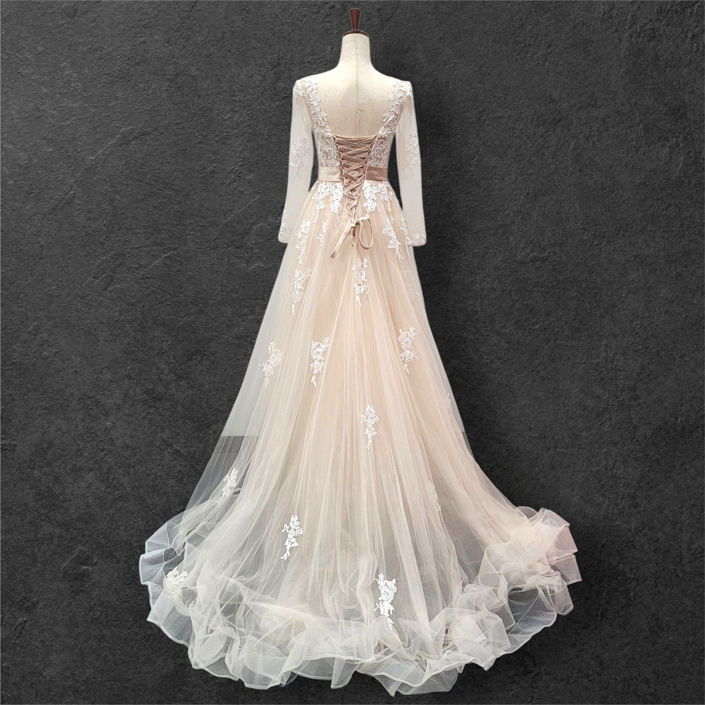 Beige Ballgown with Silver Jeweled Belt and Floral Appliques