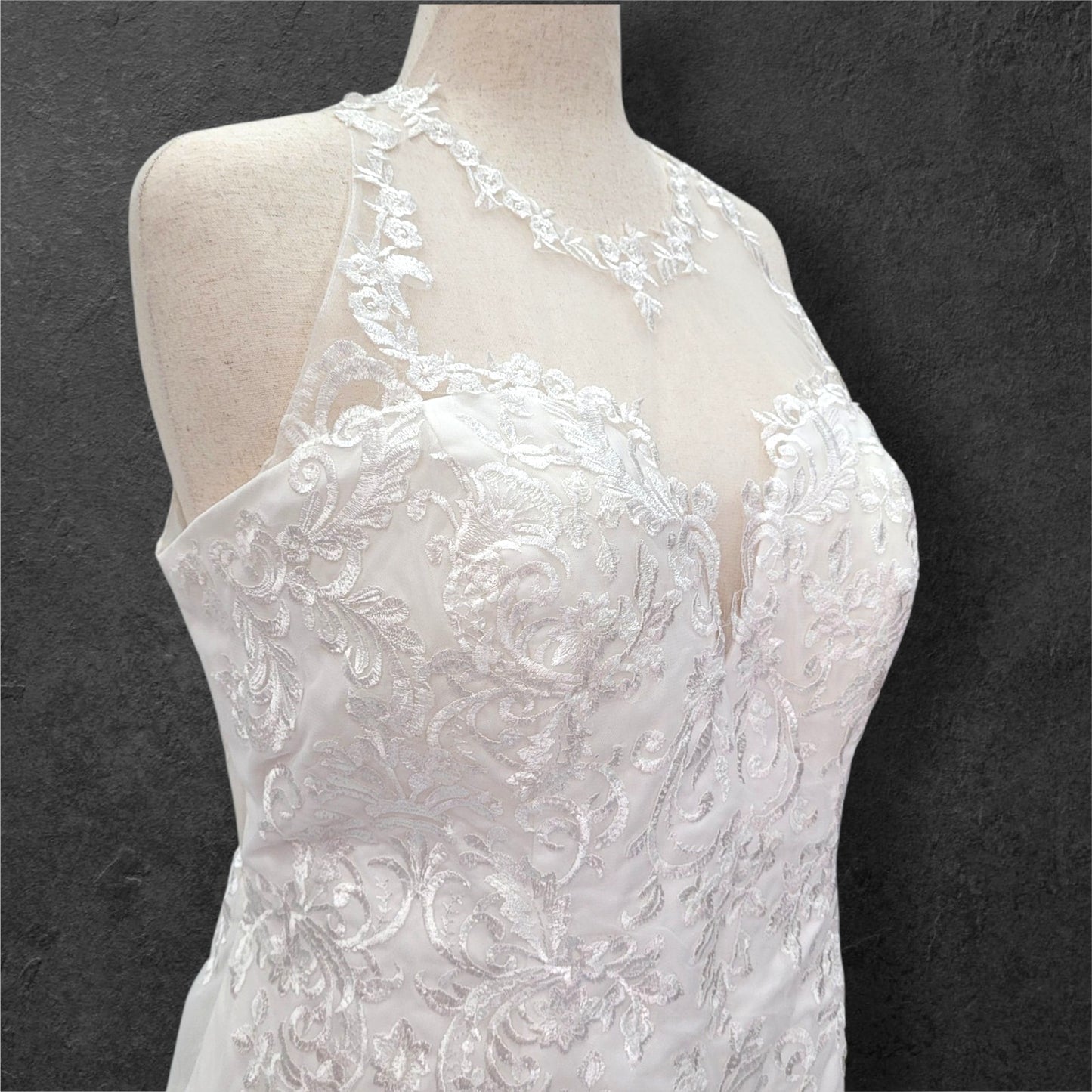 Halter Style Sleeveless Fit n Flair Wedding Dress with Sheer Mesh Back