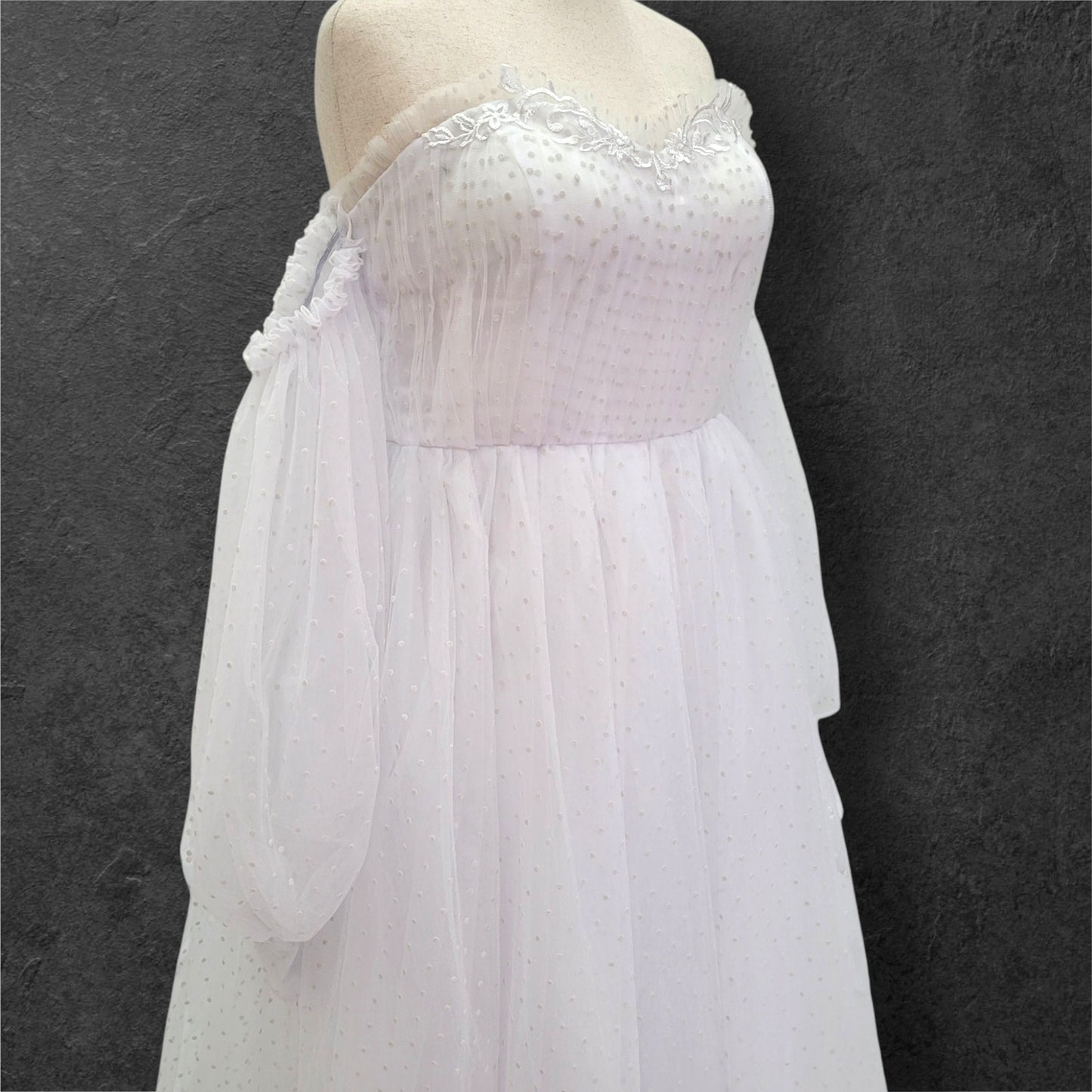 Fun Polka Dot Tulle Wedding Dress with Off Shoulder Sleeves