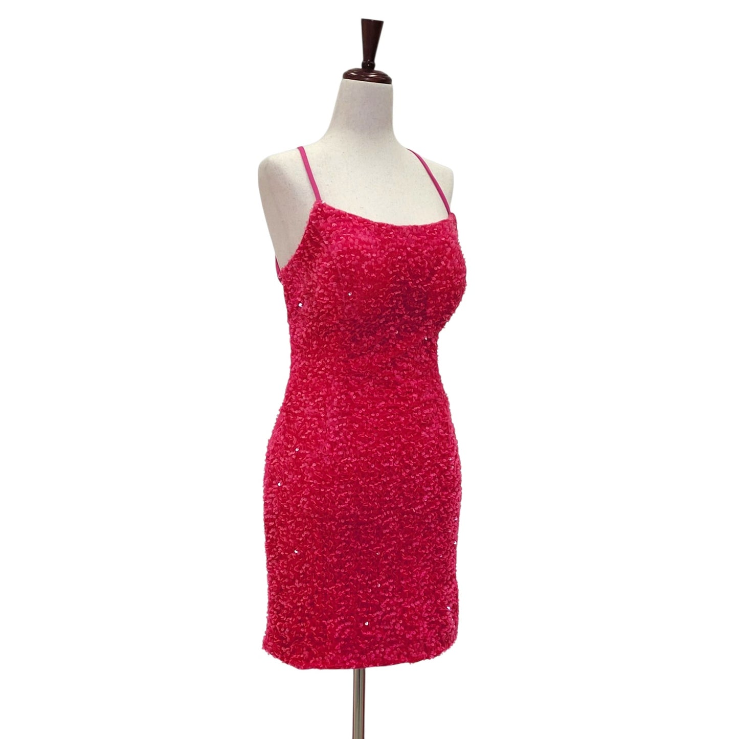 Women's Hot Pink Short Sequin Scoop Neck Corset Back Dress