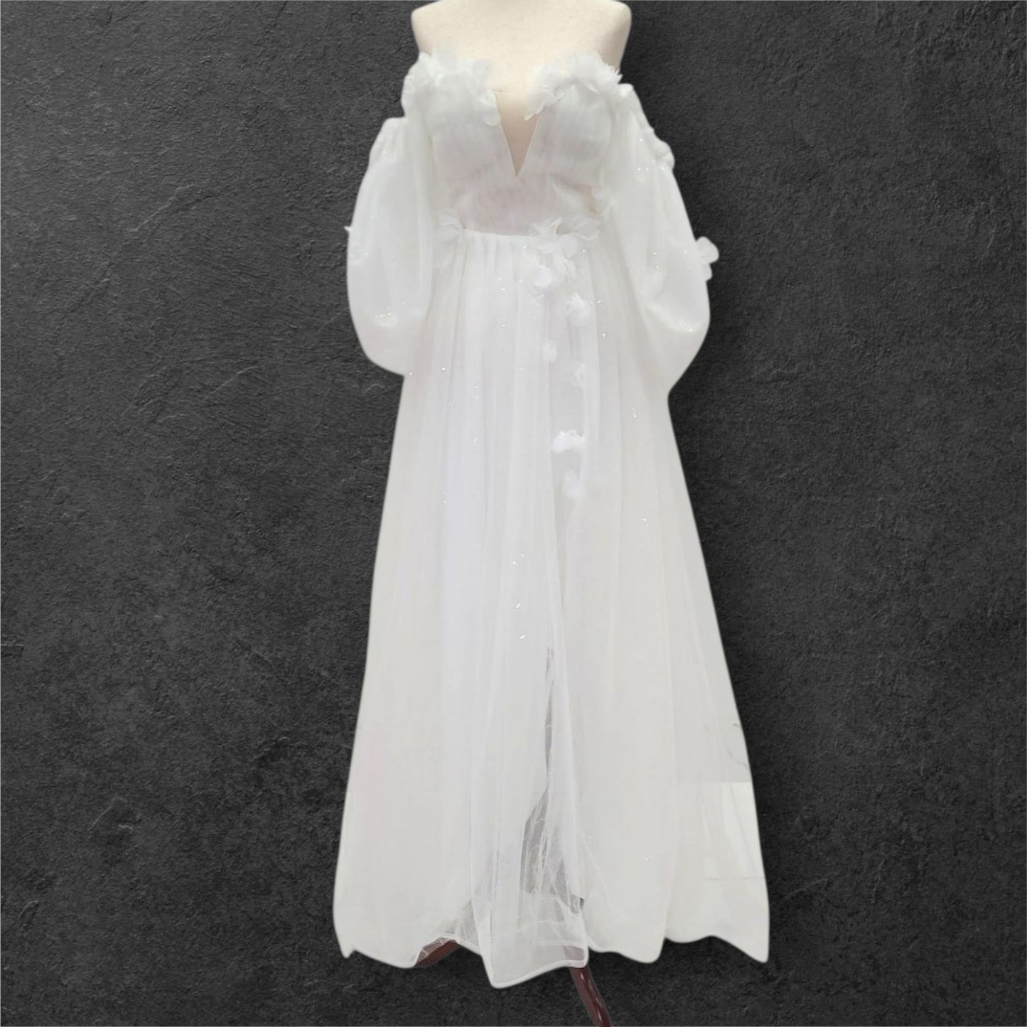 Tulle Ballgown with Puff Sleeves and Decorative Flowers