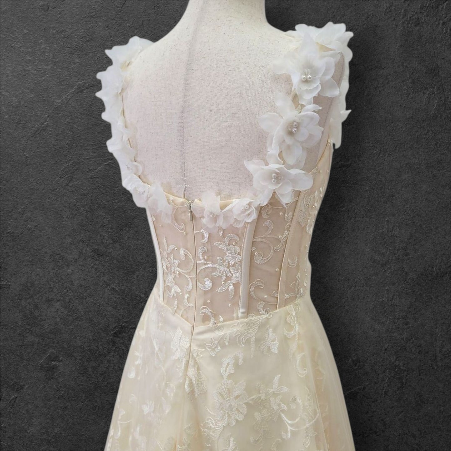 Champagne Floral Patterned Ballgown with White Flowers on Straps