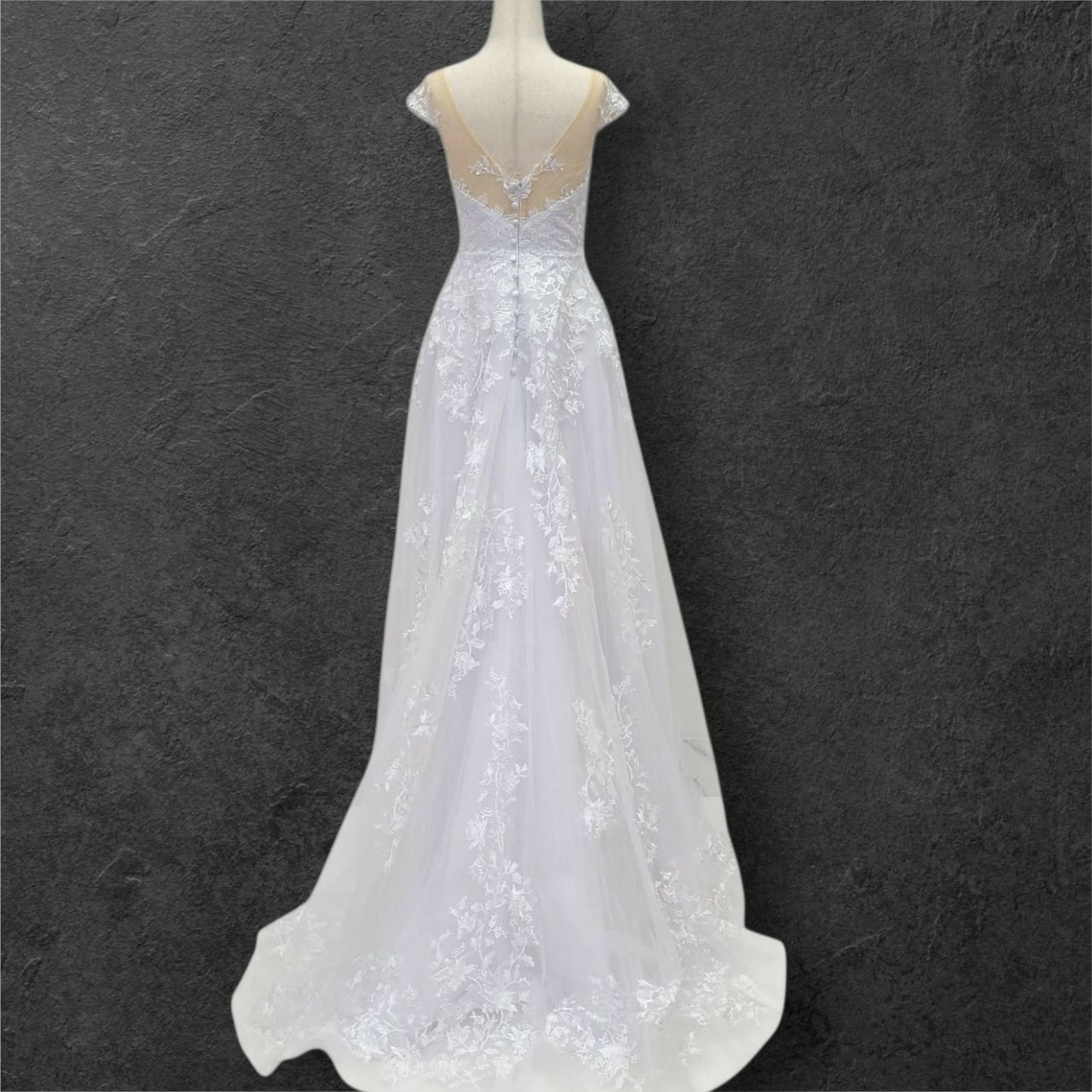 Deep V Neck Wedding Dress with Mesh Lace Cap Sleeves