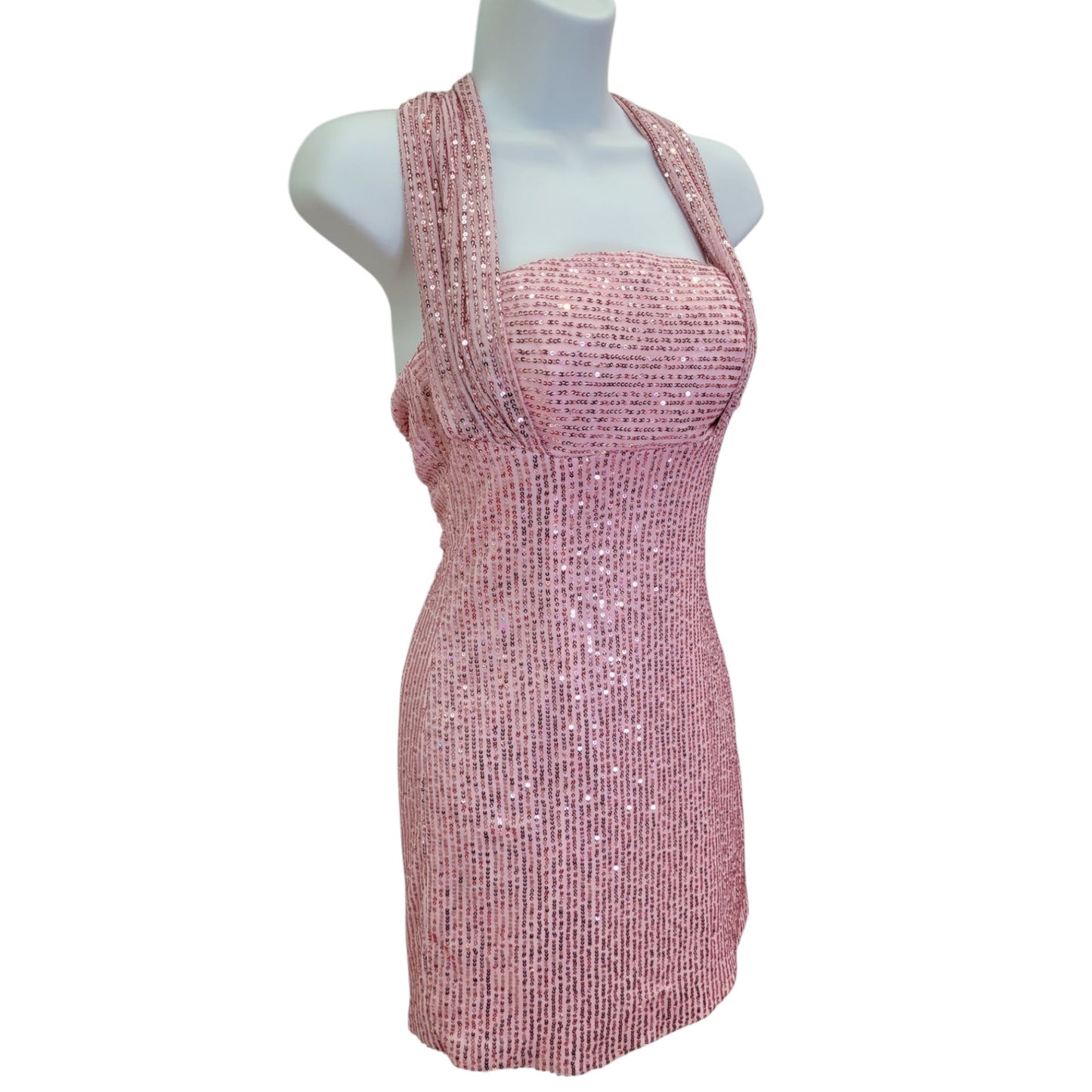 Women's Pink Short Sequin Halter Tie Dress
