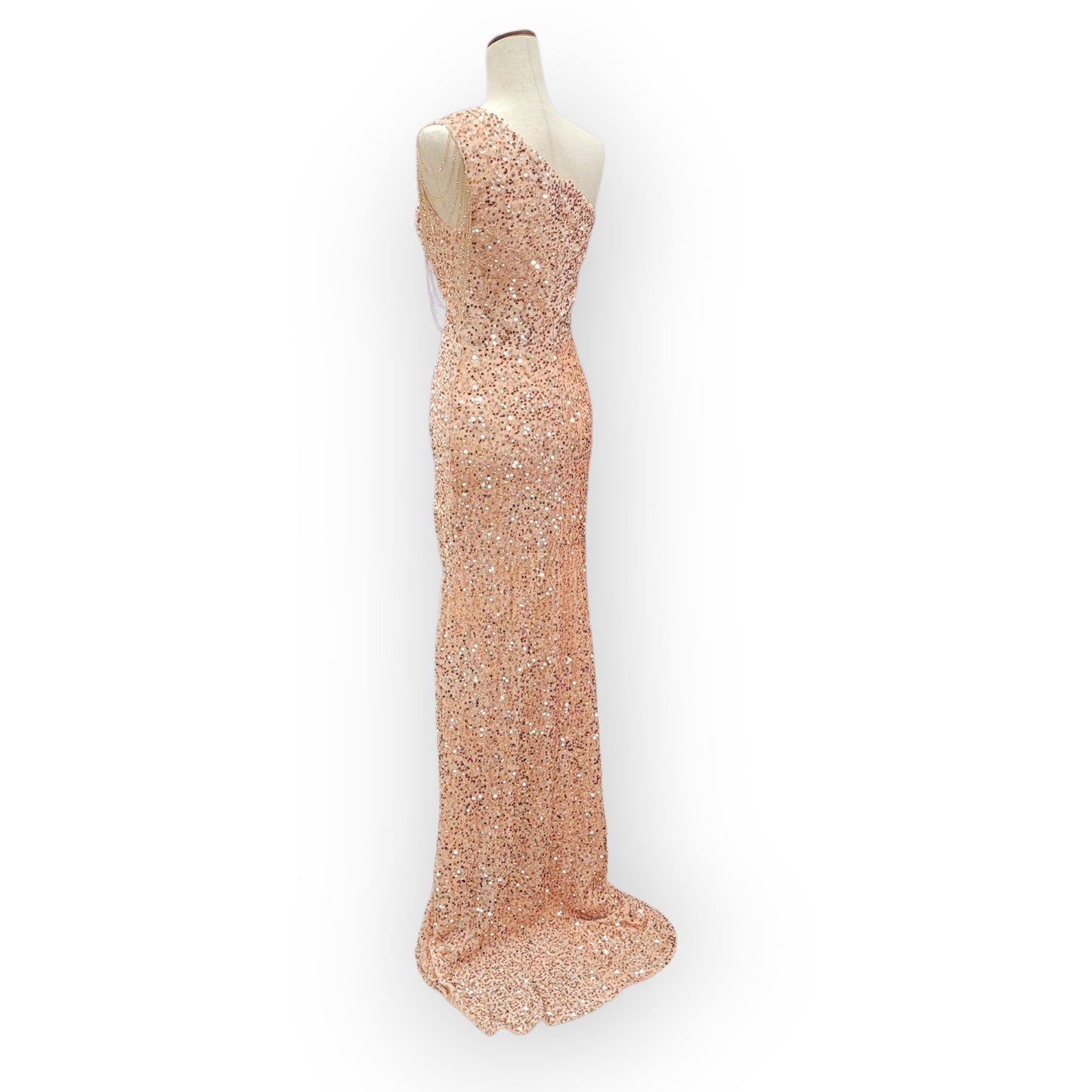 Rose Gold One Shoulder Cutout Sequin Gown with Train and Beaded Shoulder Overlay