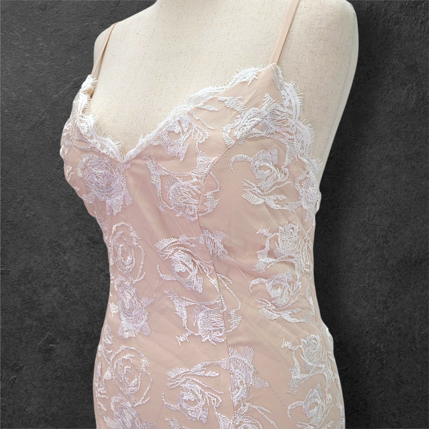 Beige Destination Wedding Dress with White Rose Overlay and Train
