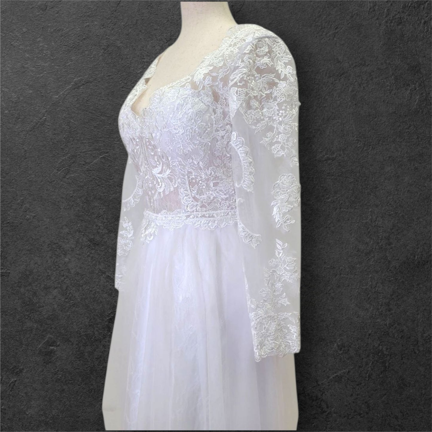 Long Sleeve A Line Tulle Wedding Dress with Fitted Lace Sleeves and Bodice