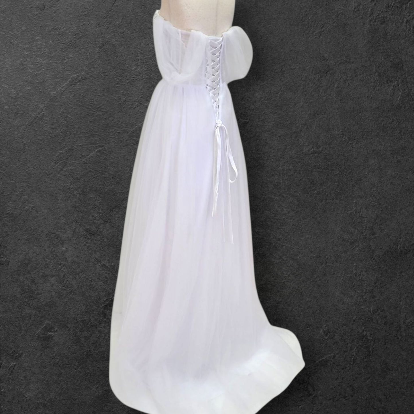 Tulle A Line Wedding Dress with Pearl Design on Bust and Full Corset Back
