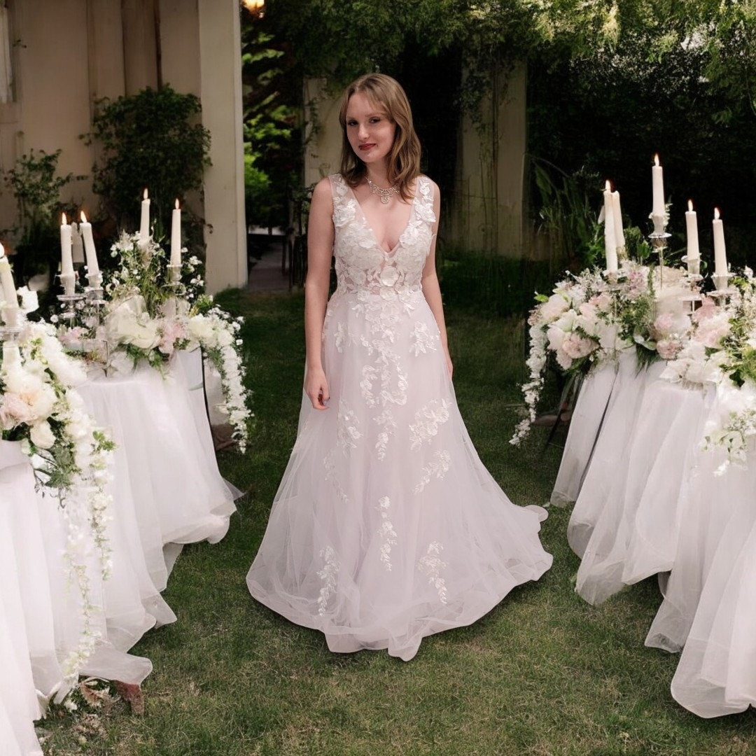 Romantic A Line V Neck Wedding Dress with Flower Appliques