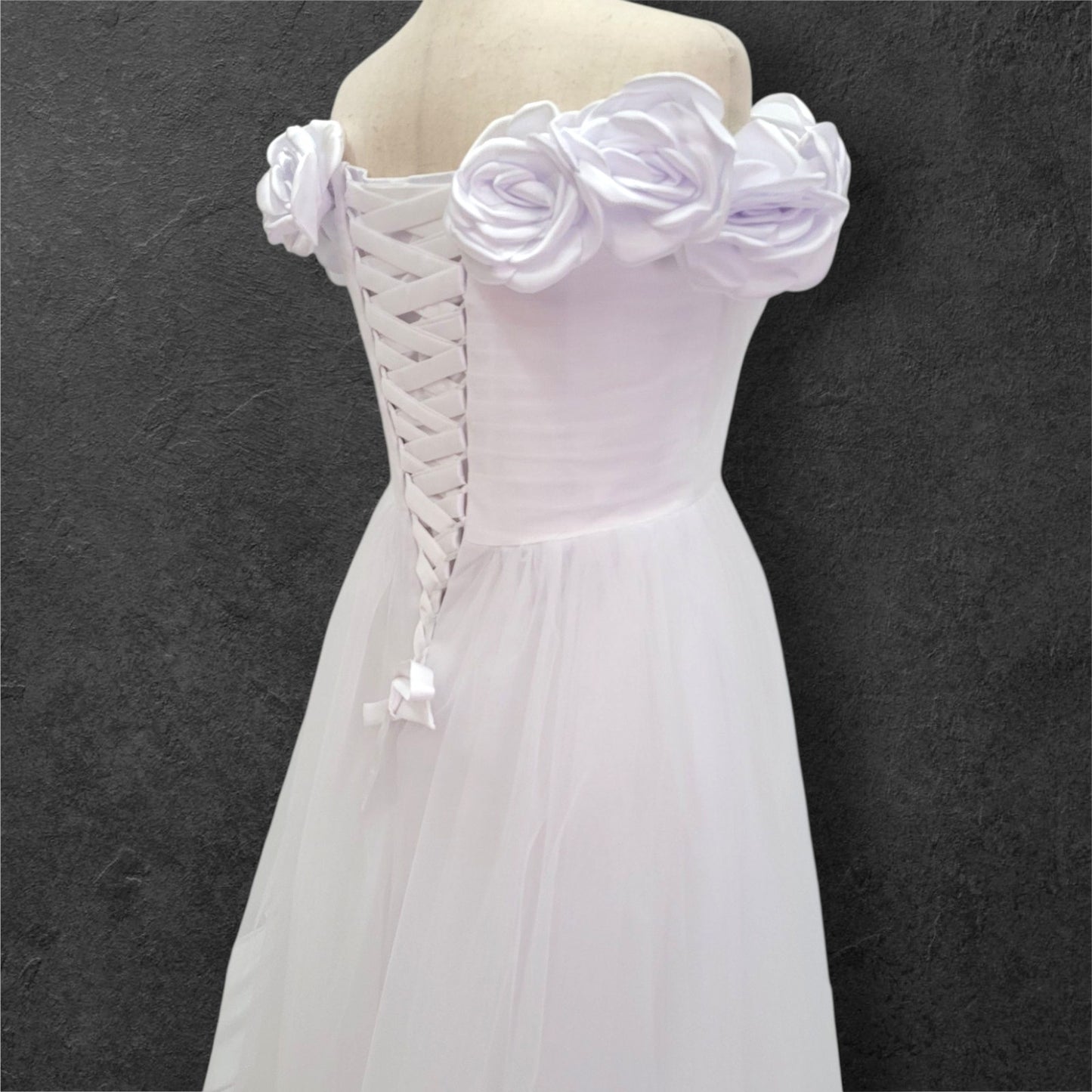Rose Adorned Wedding Dress with Off Shoulder Sleeves and Corset Back