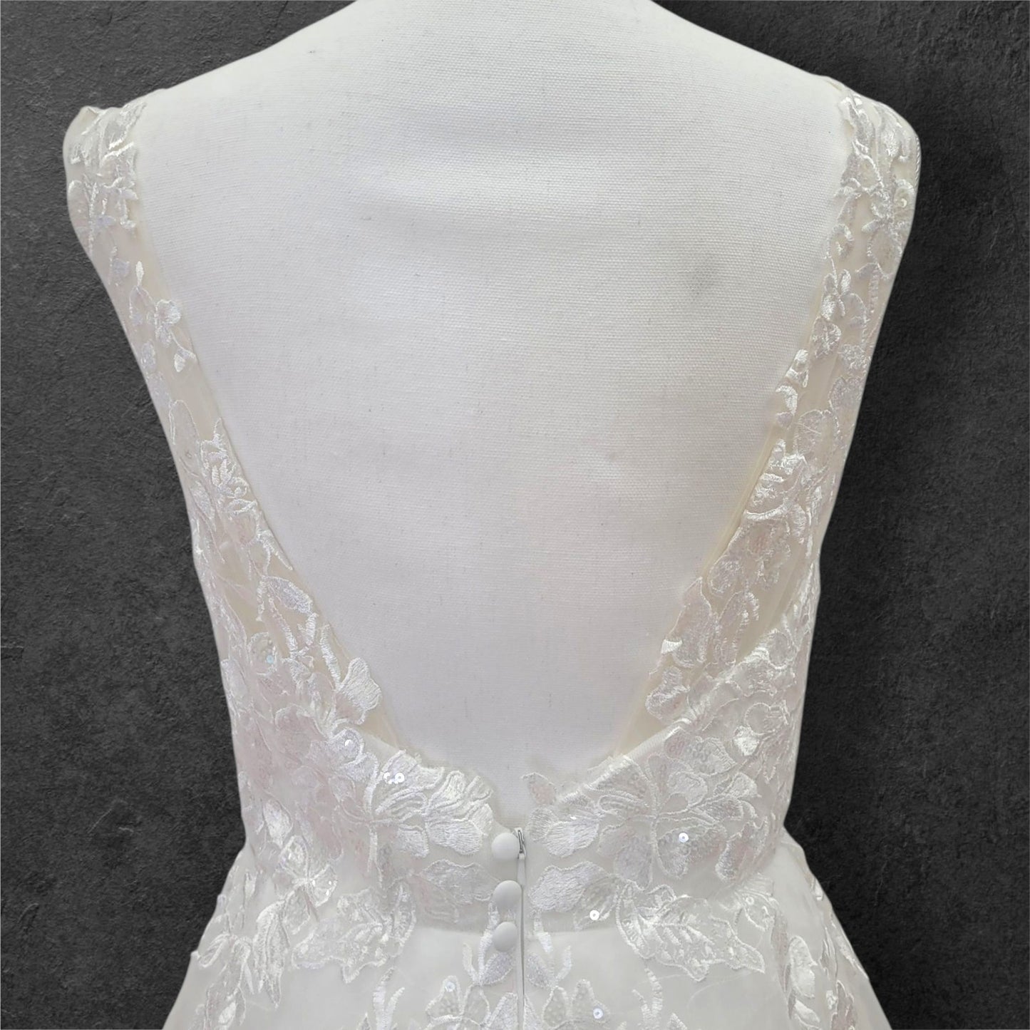 Detailed Low Back Wedding Dress with Train and Plunge V Neck