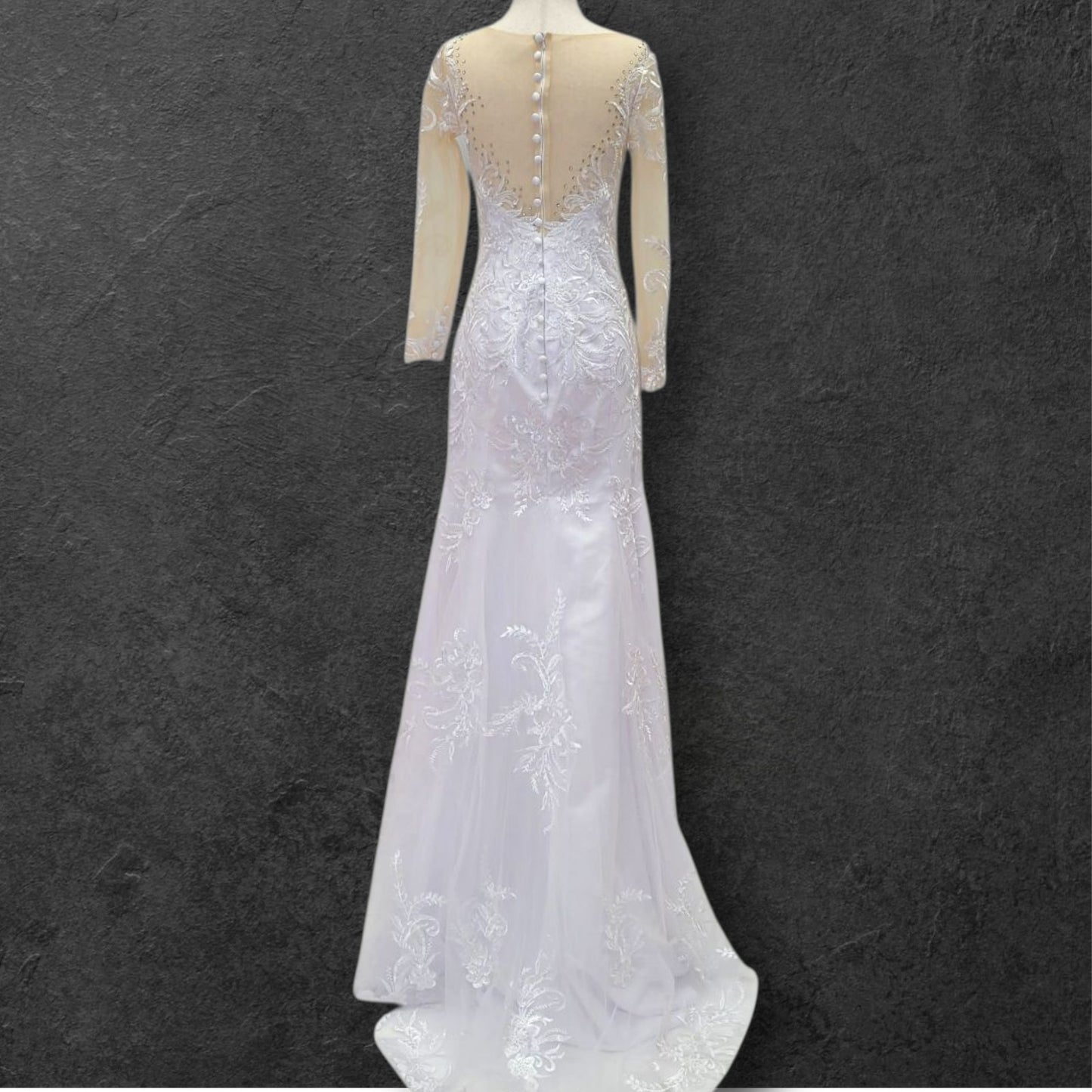 Fitted V Neck Wedding Dress with Long Mesh Sleeves with Lace