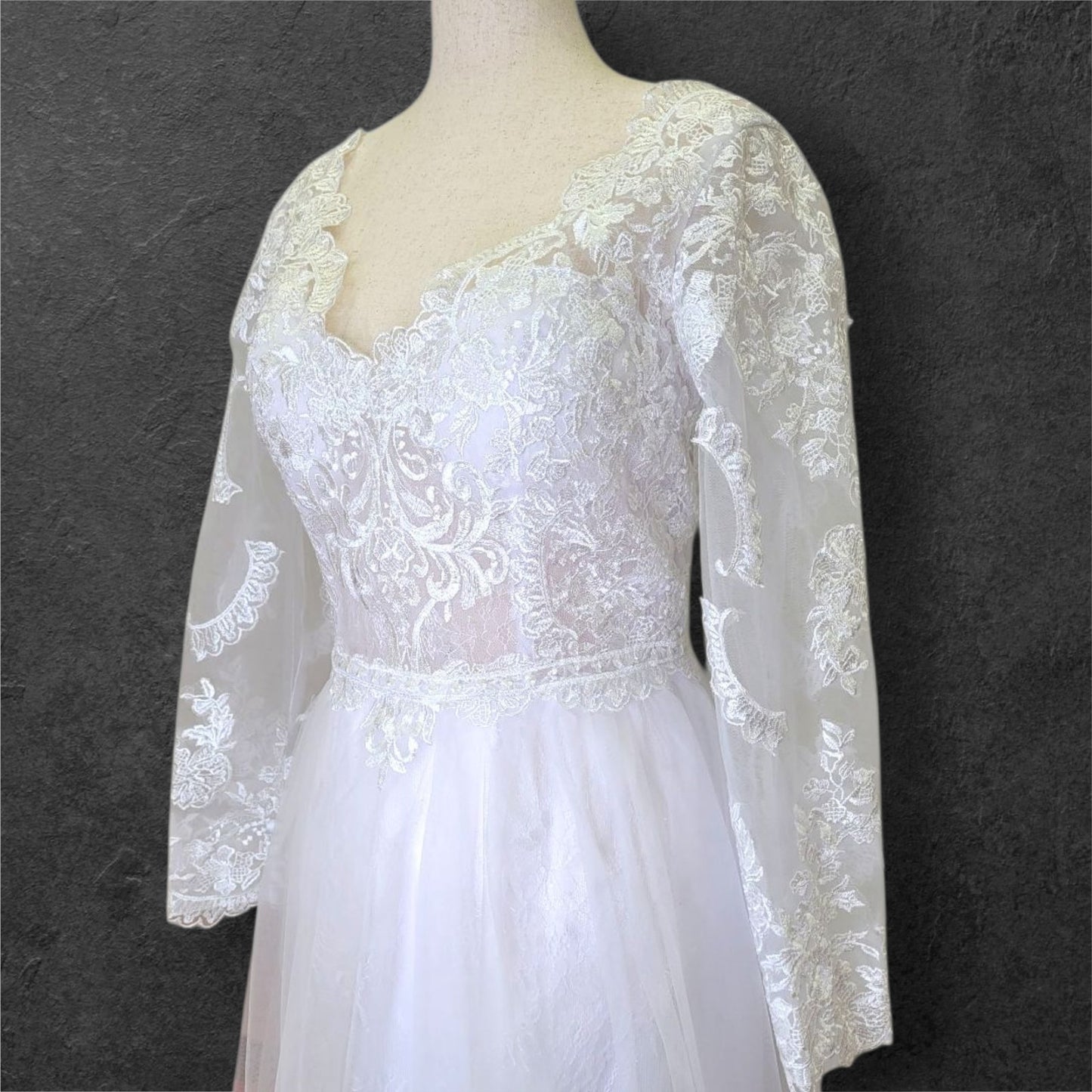 Long Sleeve A Line Tulle Wedding Dress with Fitted Lace Sleeves and Bodice