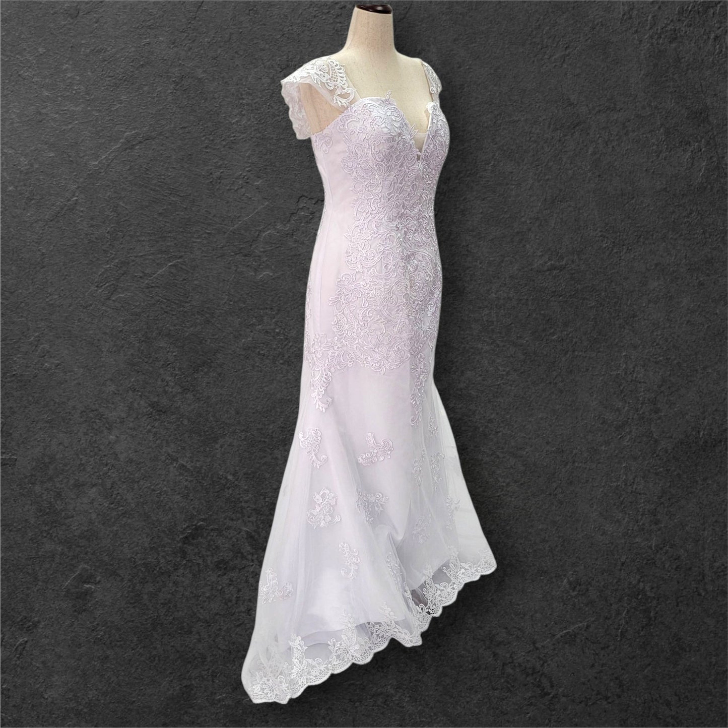 Fit n Flair Wedding Dress with Deep Sweetheart Neckline and Wide Sleeves