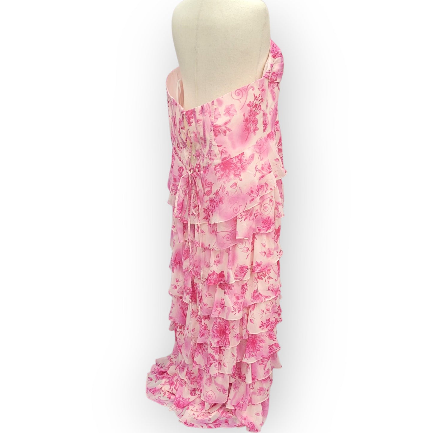 Strapless Pink Floral Tiered Dress with Corset Back