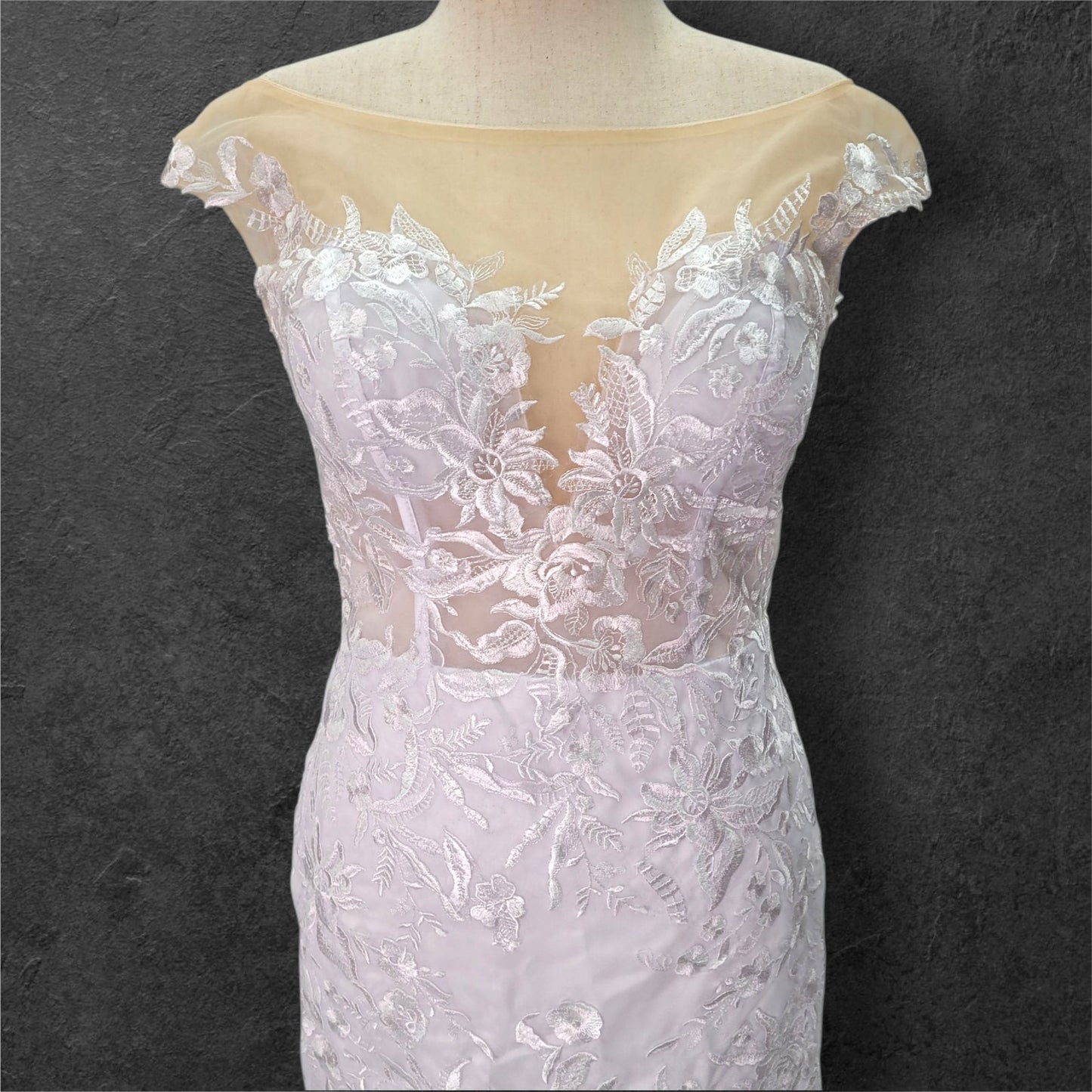 Fit n Flair Wedding Dress with Low Back and Mesh Cap Sleeves and Deep V Neck
