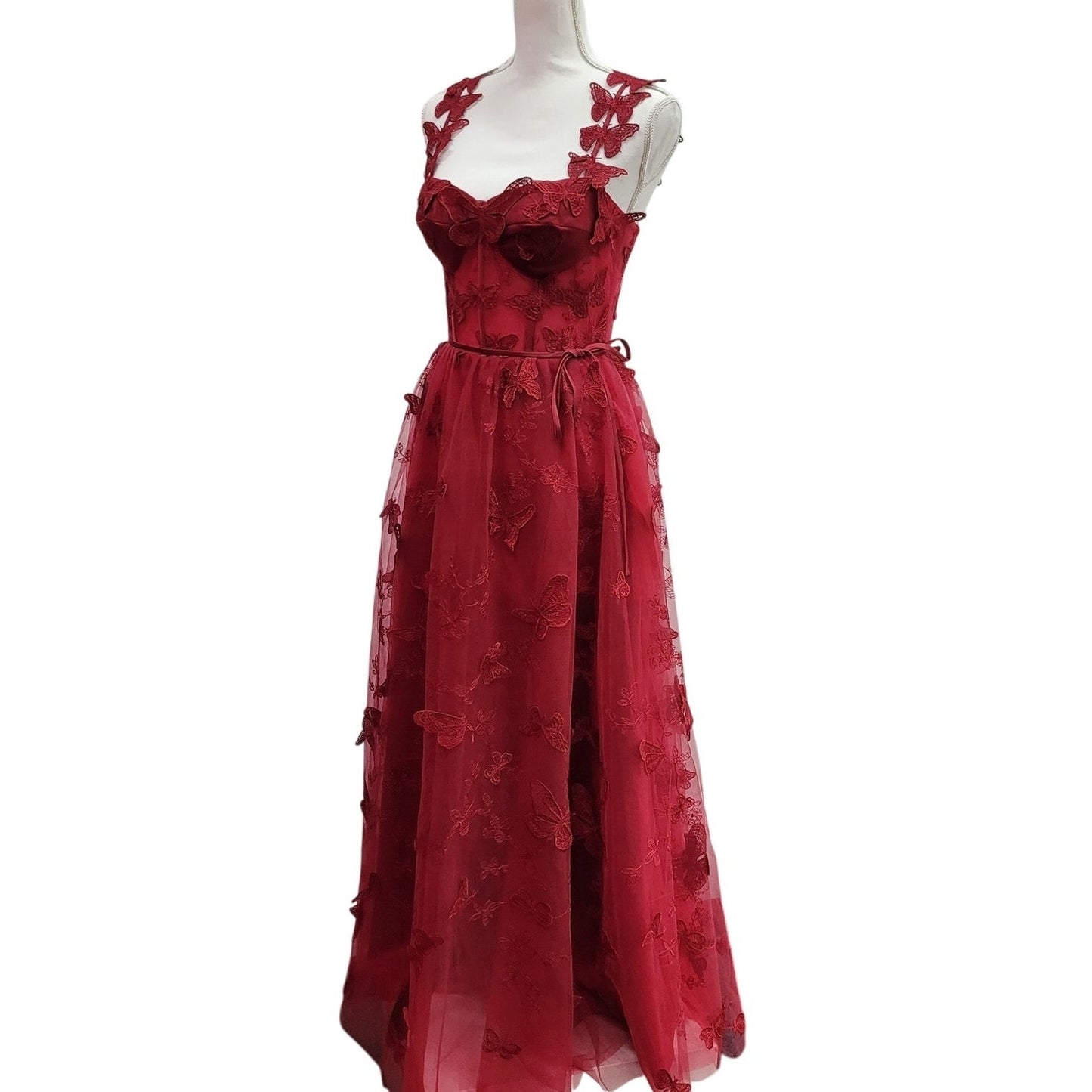 Women's Crimson Red Butterfly Dress with Corset Back