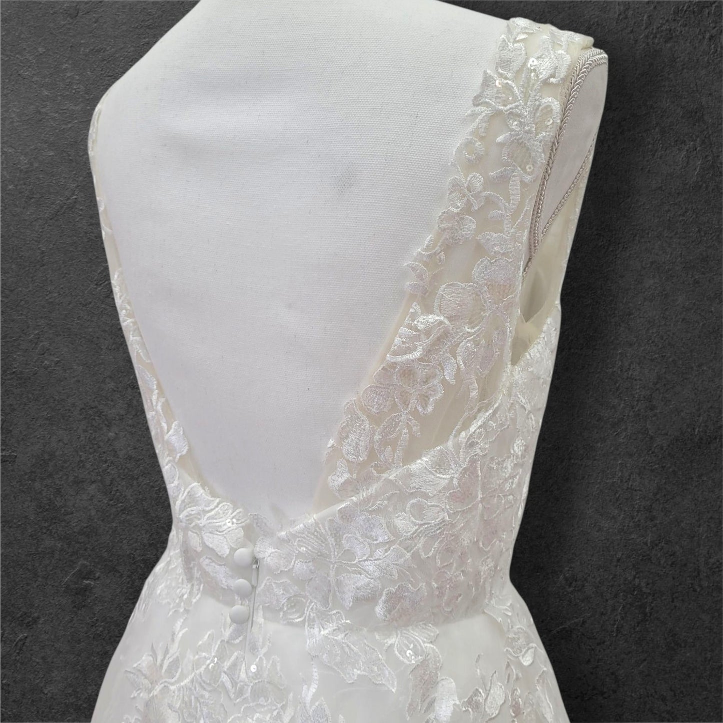 Detailed Low Back Wedding Dress with Train and Plunge V Neck