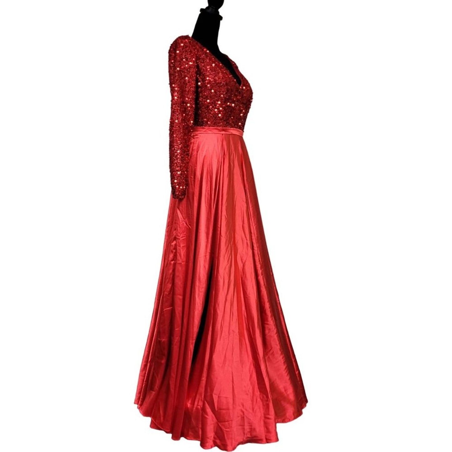 Bright Red Gala Gown with Sequin Bodice and Long Sleeves