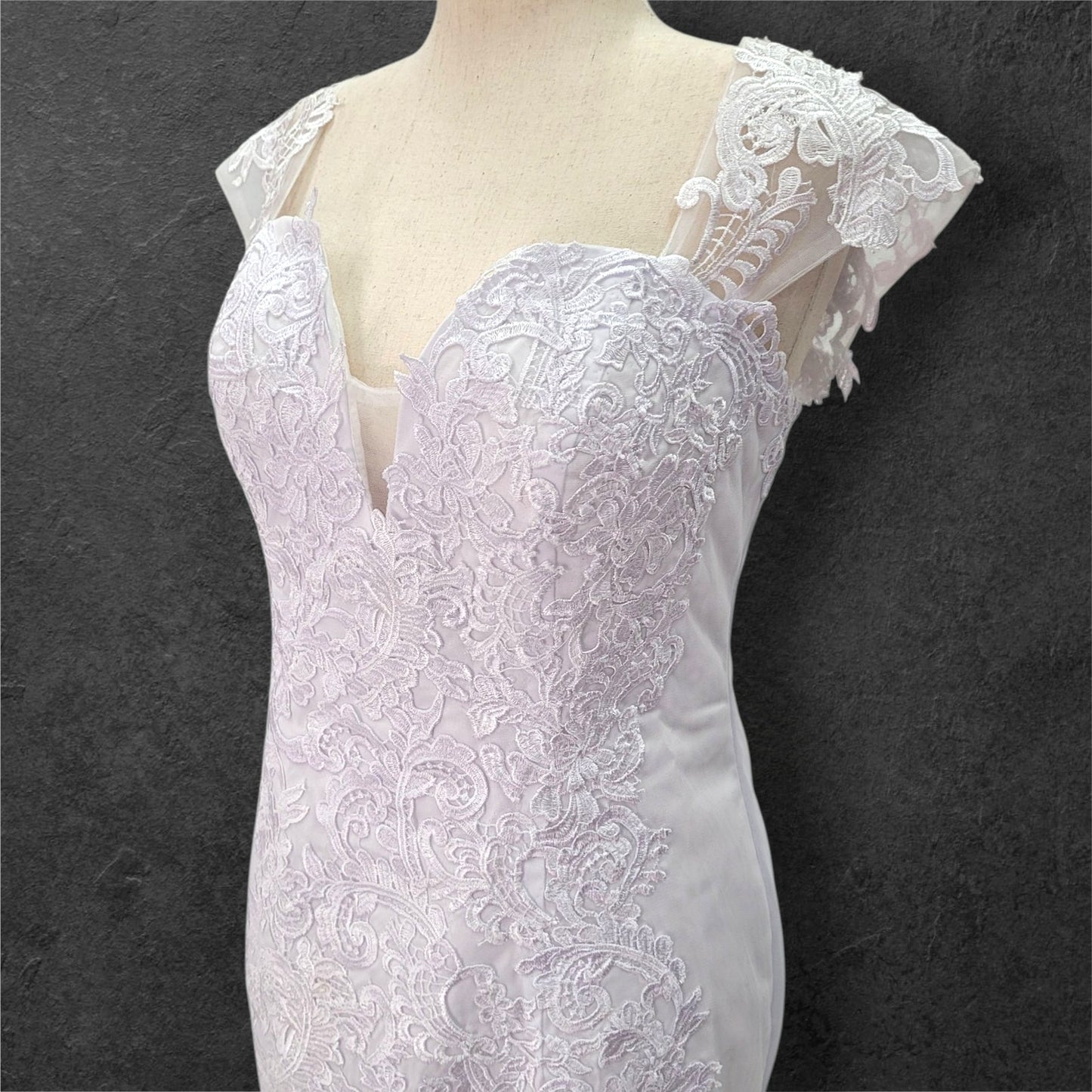 Fit n Flair Wedding Dress with Deep Sweetheart Neckline and Wide Sleeves