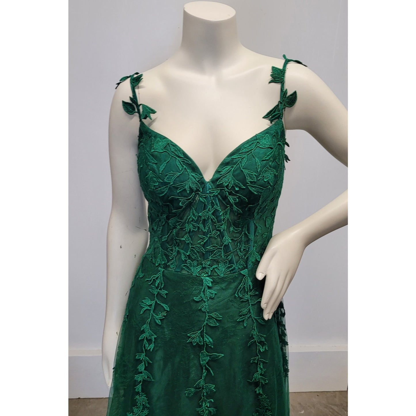 Vine Dress with Semi-Sheer Bodice Corset Back Tulle Skirt Evergreen