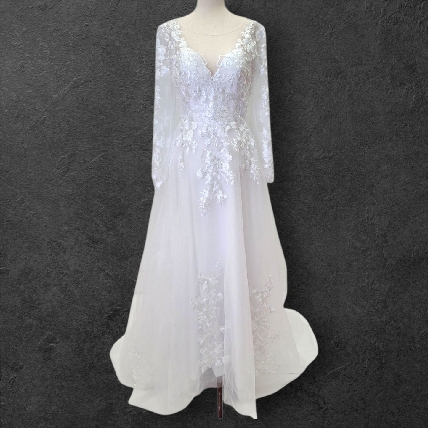 A Line Wedding Gown with Fitted Mesh Long Sleeves and Train with Floral Appliques