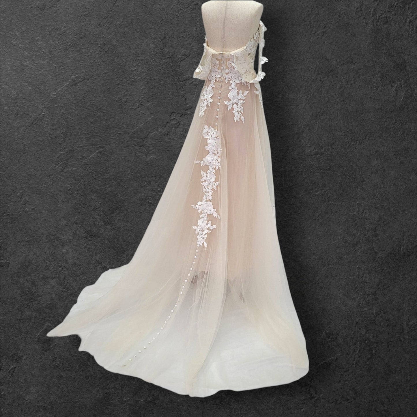 Beige Champagne Wedding Dress with White Floral Appliques