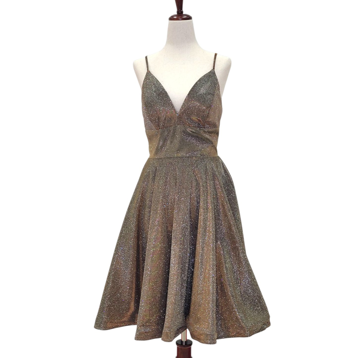 Gold Sparkle Cocktail Dress with V Neck and Low Back