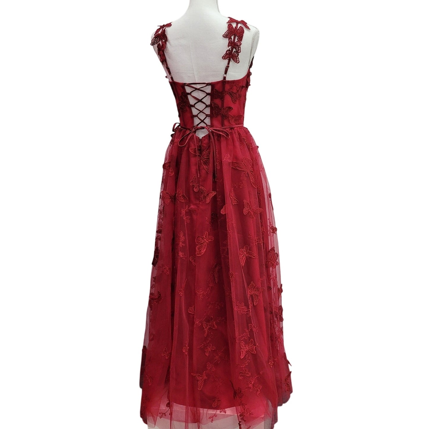 Women's Crimson Red Butterfly Dress with Corset Back
