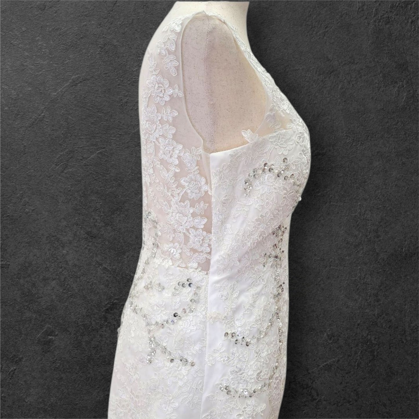 Detailed V Neck Wedding Dress with Silver Sequin Design