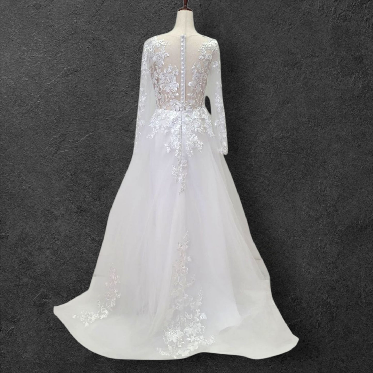 A Line Wedding Gown with Fitted Mesh Long Sleeves and Train with Floral Appliques