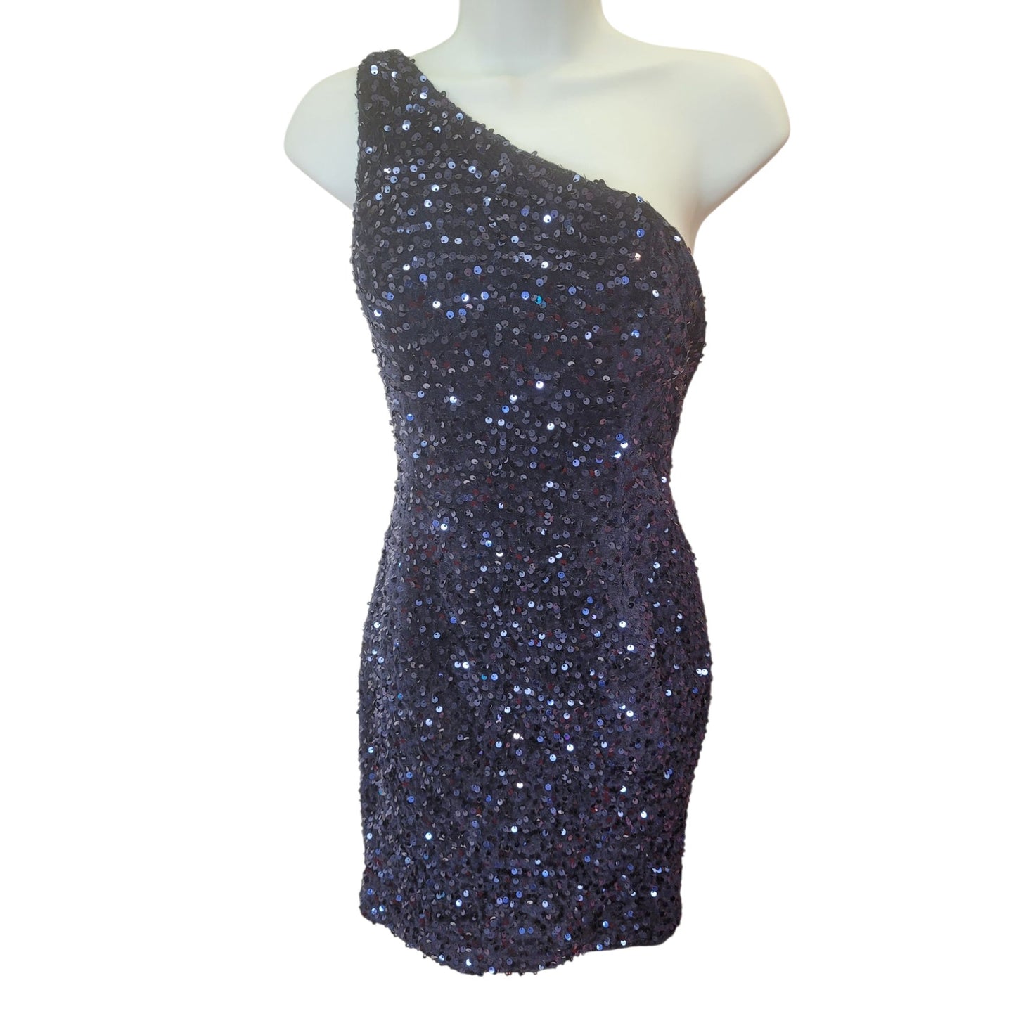 Women's Short One Shoulder Strappy Sequin Dress in Navy Blue