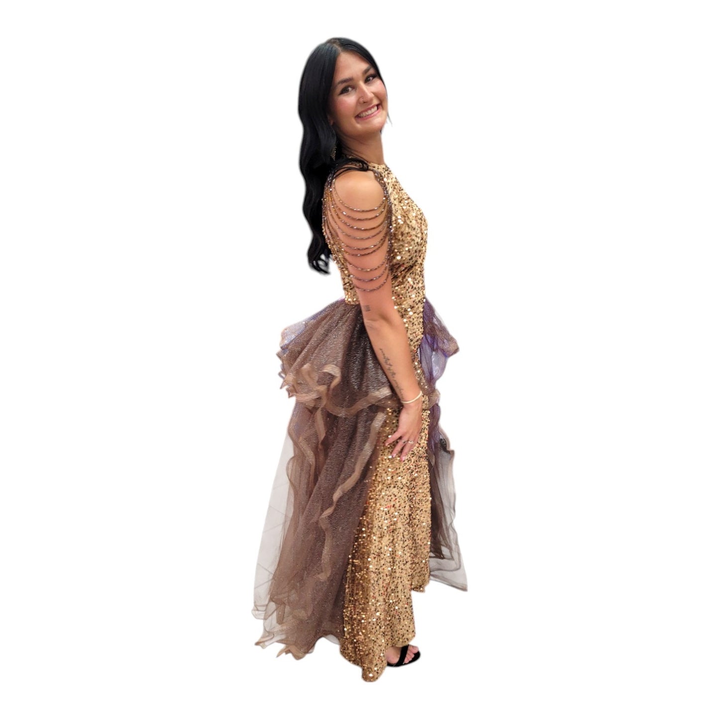 Fun Sequin Gown with Tulle Overskirt and Beaded Shoulder Overlays
