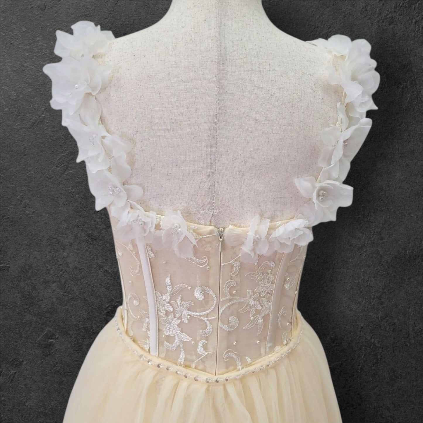 Champagne Floral Patterned Ballgown with White Flowers on Straps